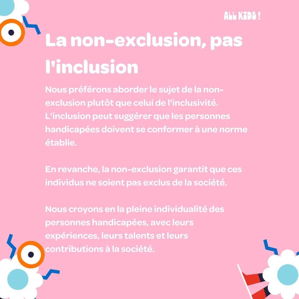 🙅&zwj;♀️𝗟𝗮 𝗻𝗼𝗻-𝗲𝘅𝗰𝗹𝘂𝘀𝗶𝗼𝗻, 𝗽𝗮𝘀 𝗹'𝗶𝗻𝗰𝗹𝘂𝘀𝗶𝗼𝗻⁣
⁣
Nous pr&eacute;f&eacute;rons aborder le sujet de la non-exclusion plut&ocirc;t que celui de l'inclusivit&eacute;. L'inclusion peut sugg&eacute;rer que les personnes handicap&eac