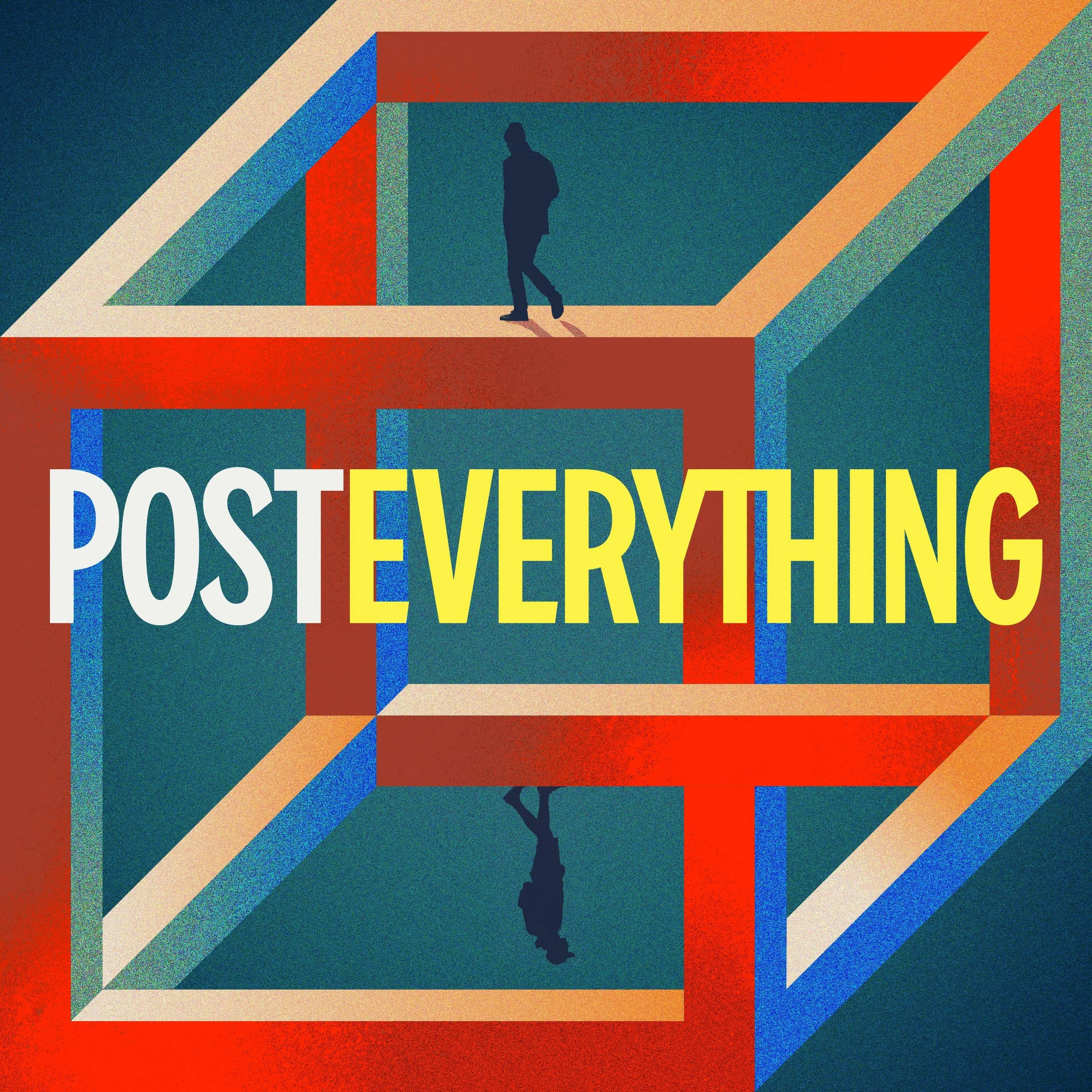Graphic design with colorful abstract geometric maze-like structure and a silhouette of a person walking on top. Overlaid with the text 'POST EVERYTHING' in bold, colorful letters.