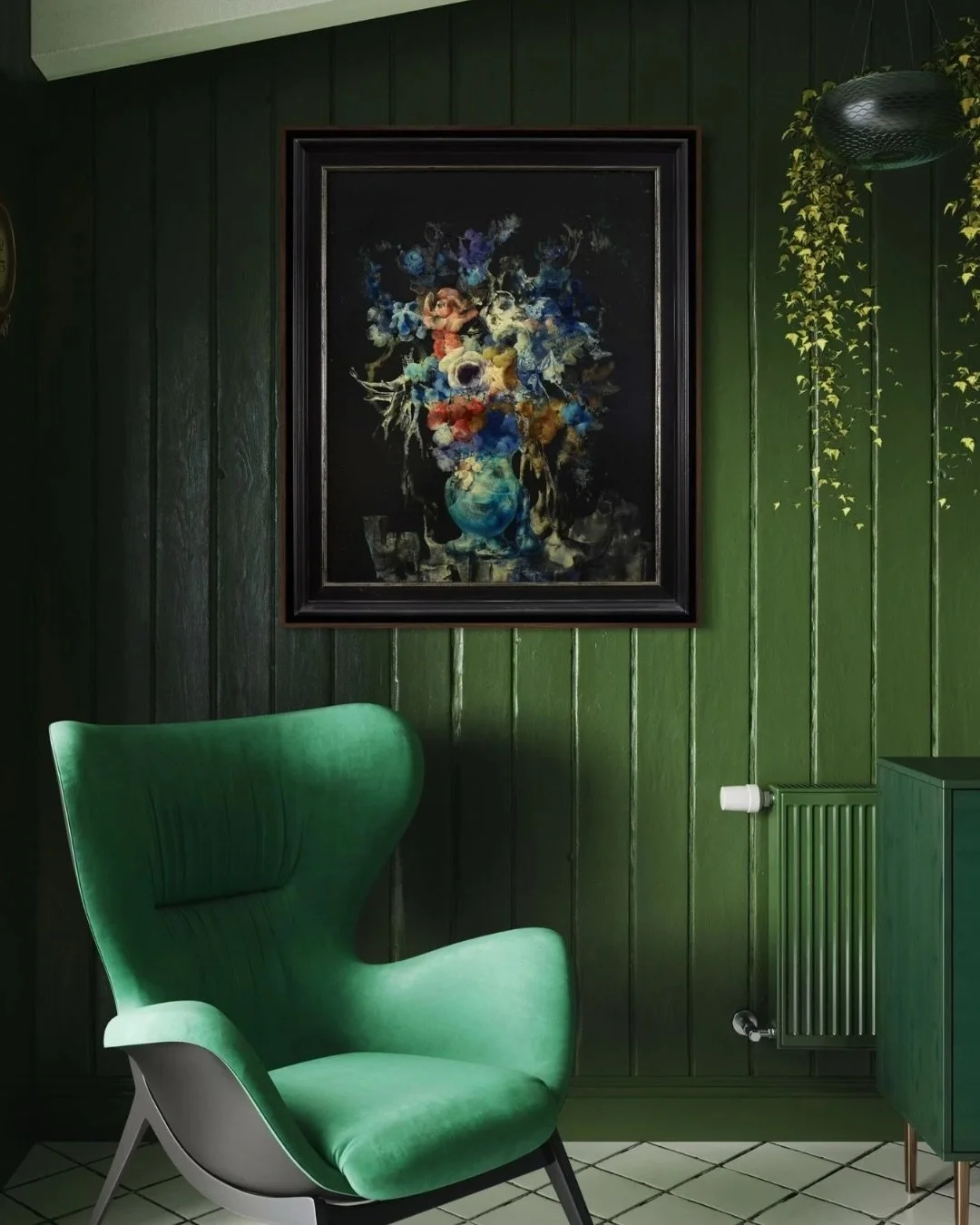 We are sharing some light on two of our favourite works from this exhibition by Delmotte and Jung. 

The first is a still life, painted in 1962 the vibrant blue tones of the flowers are set against a stark black background from which a rather surreal