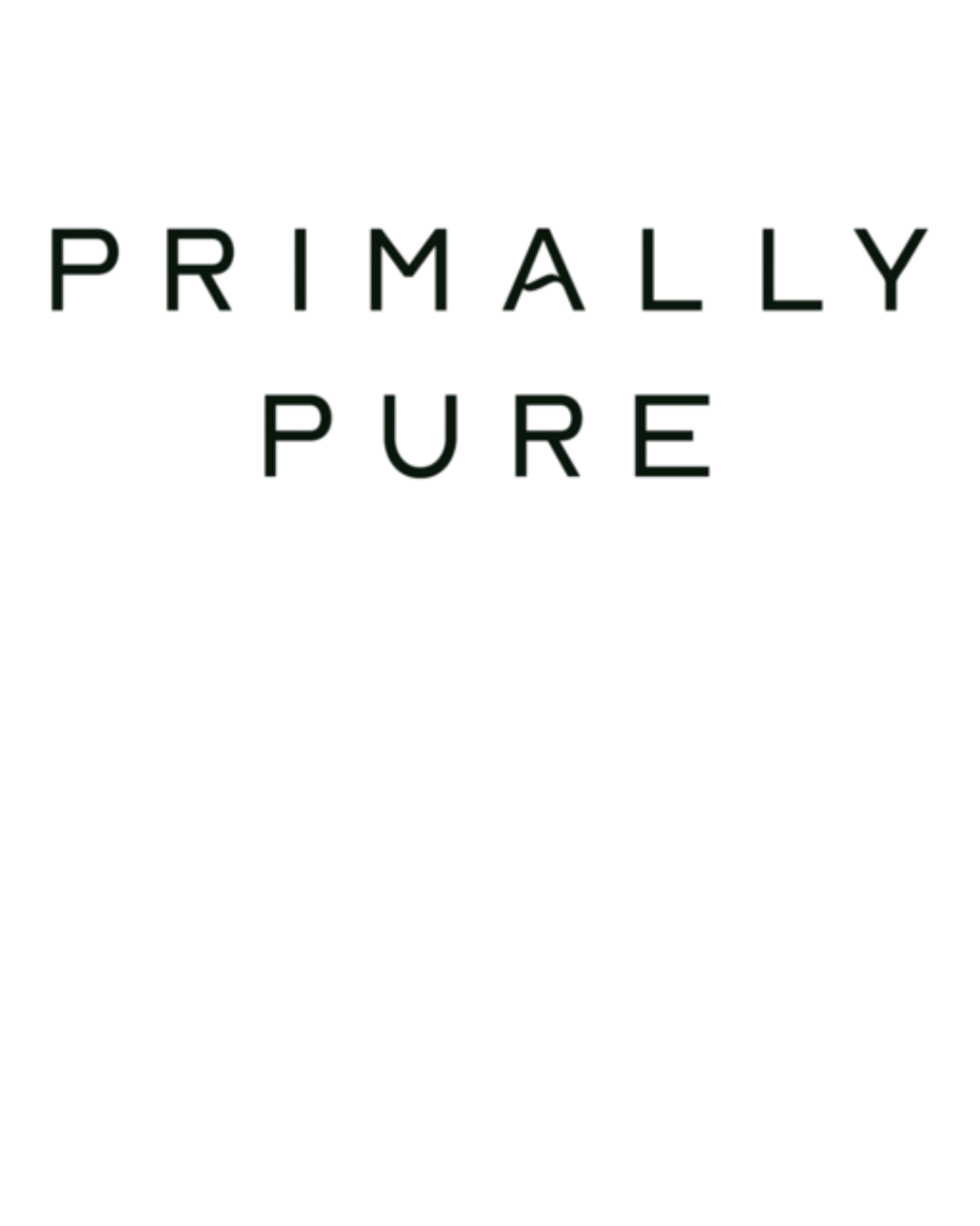 Text saying 'Primally Pure' in black and green on a white background.