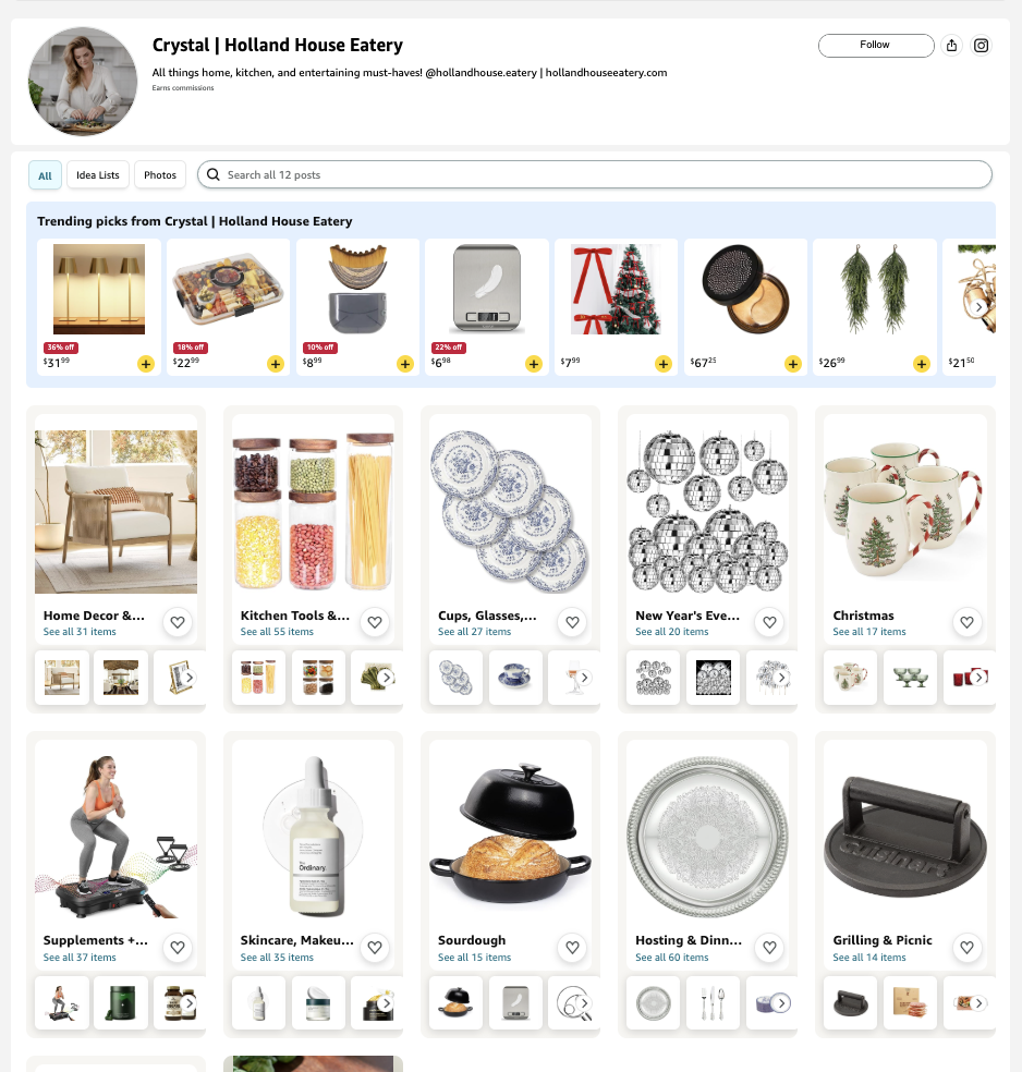 Screenshot of an online store page for holiday and home decor items, featuring Christmas-themed mugs, ornaments, and various kitchen tools and accessories.
