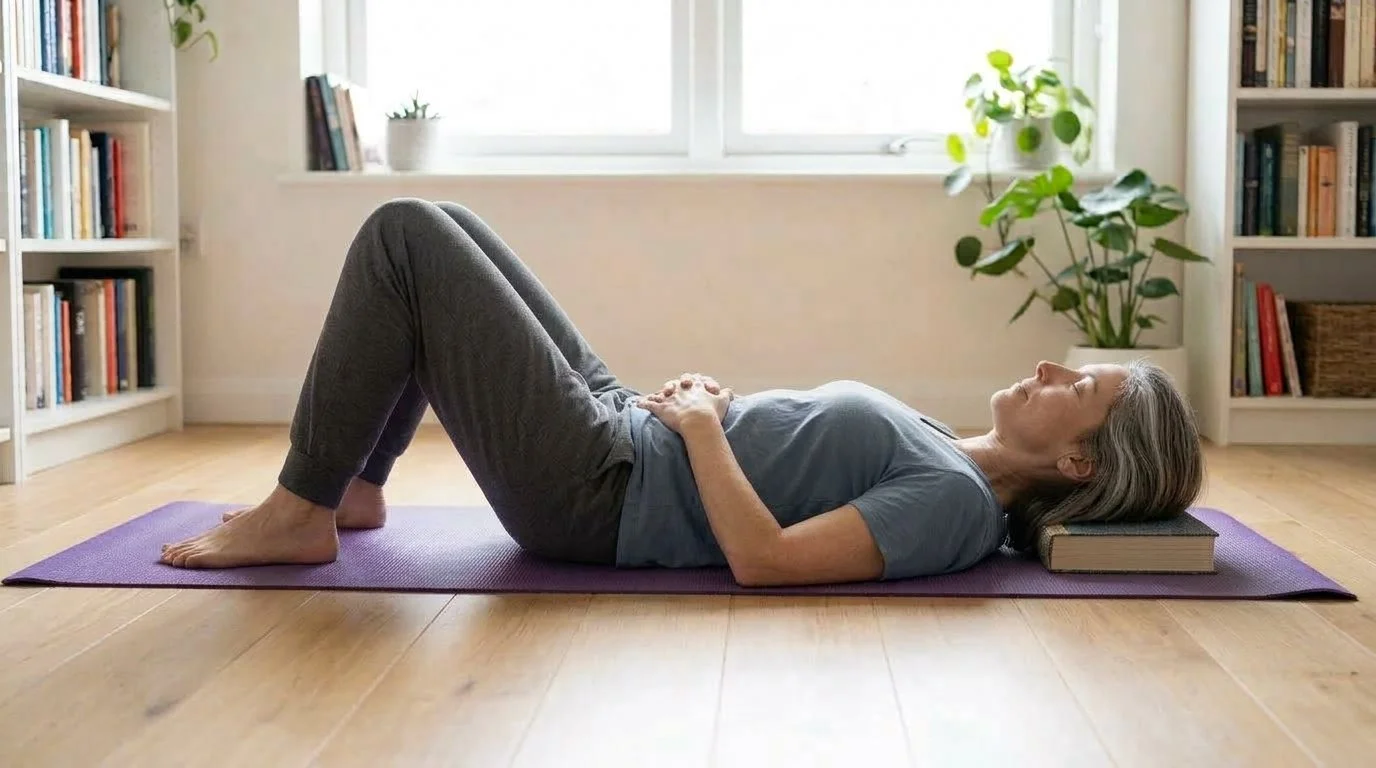 An elderly woman lying on her back on a purple yoga mat, using a book as a headrest, in a well-lit room with wooden floors and bookshelves, practicing relaxation or yoga.