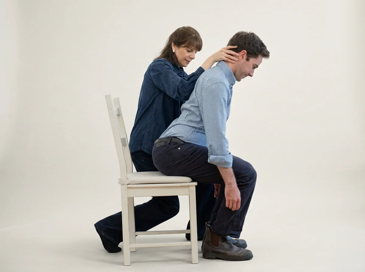 A woman is performing neck massage or therapy on a man seated on a chair, leaning forward with his chin down and eyes closed.