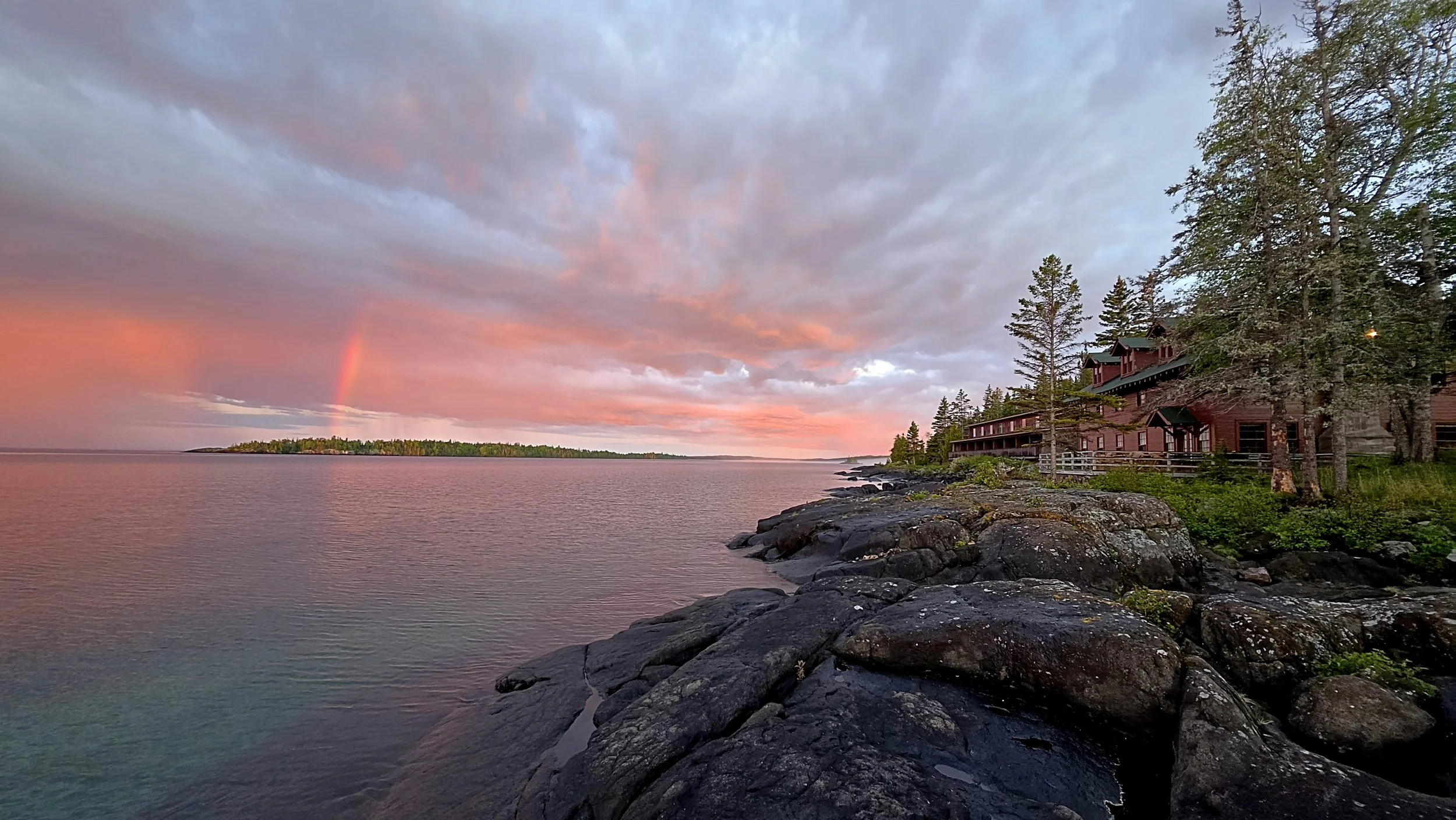 Rainbow near Rock Harbor Lodge, by Robert Dumas
