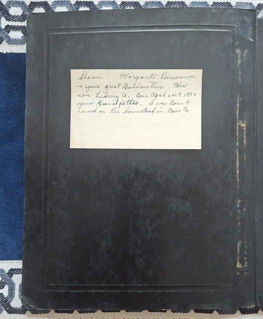 Handwritten note from the genealogist to Nan. Inside the cover.