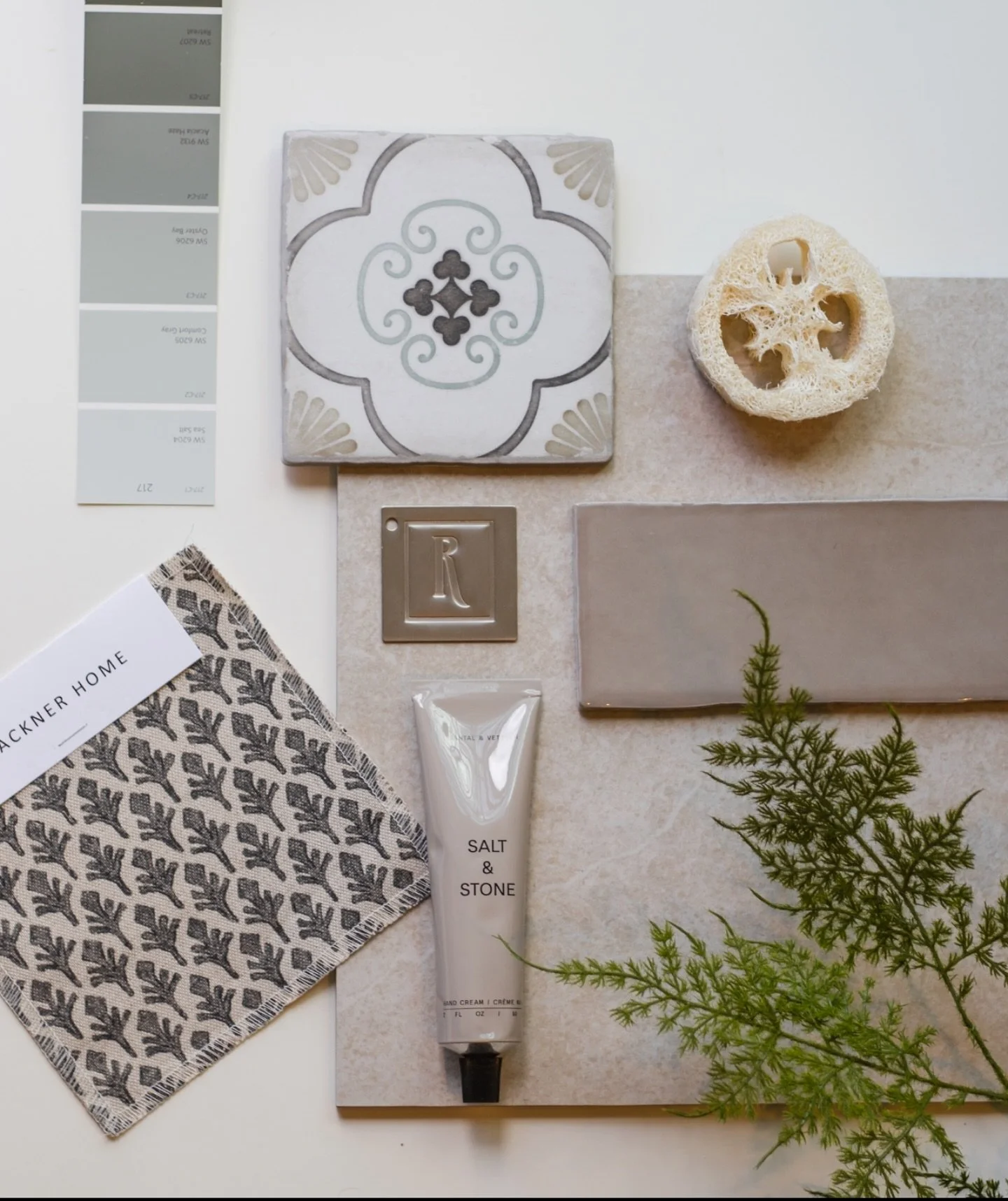 There&rsquo;s something so satisfying about seeing the vision start to take shape through a flat lay 😊 The initial design elements for an upcoming basement bathroom remodel- layered with natural finishes to bring warmth, soft textures, and a subtle 