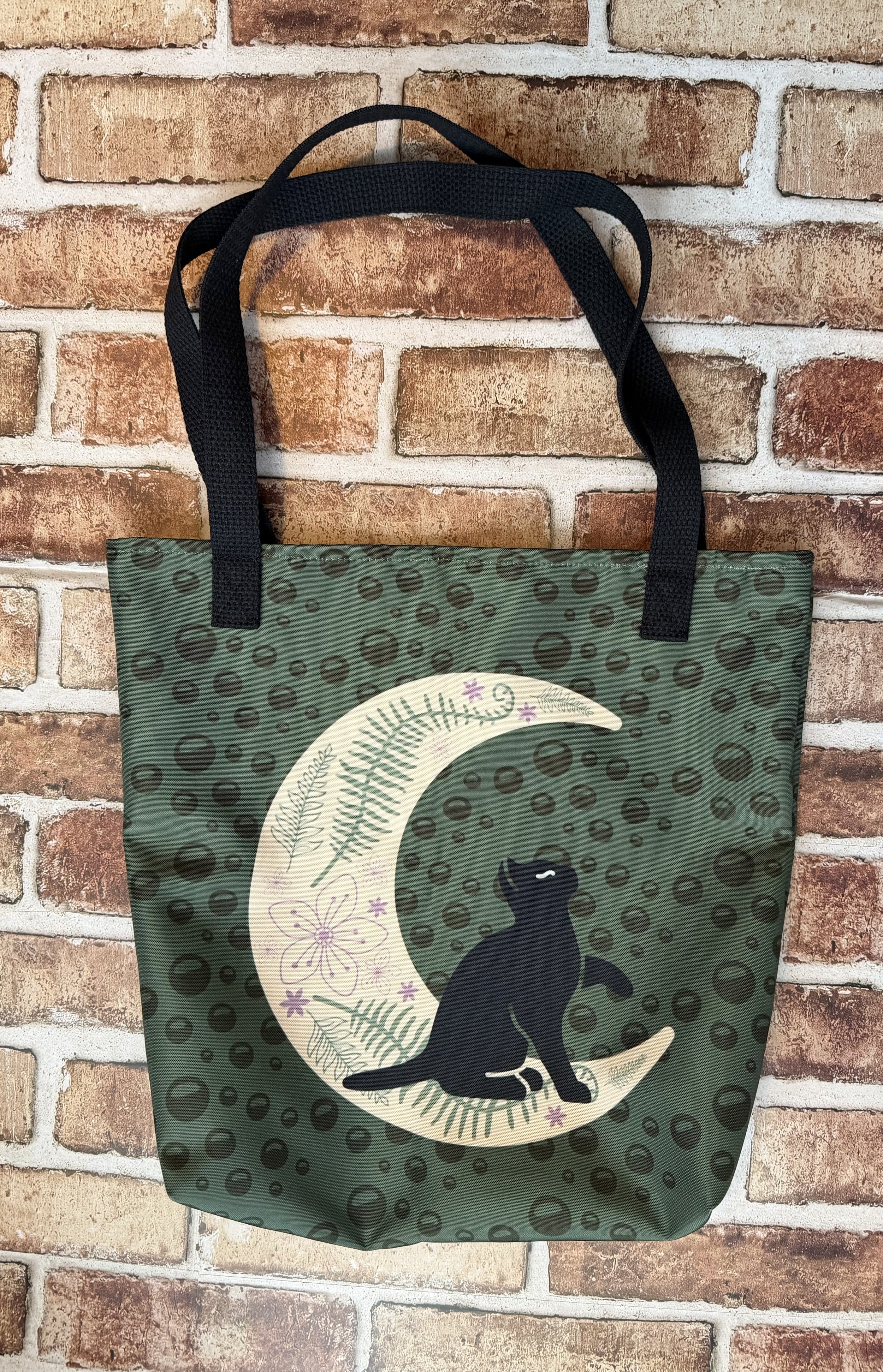 Vernal Moonbeams Spring Themed Black Cat and Moon - Tote Bag