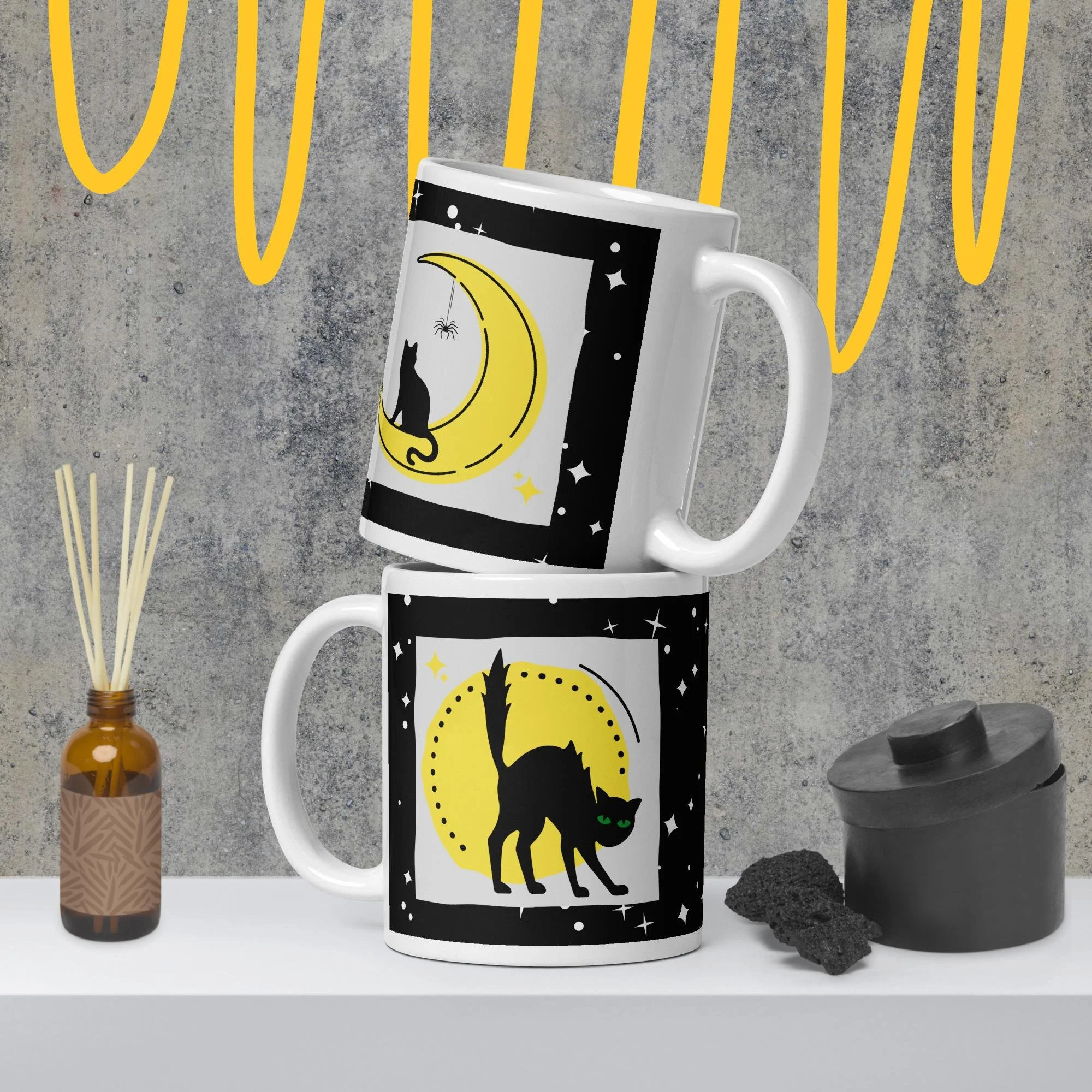 Black Cat and Moon - White Glossy Mug