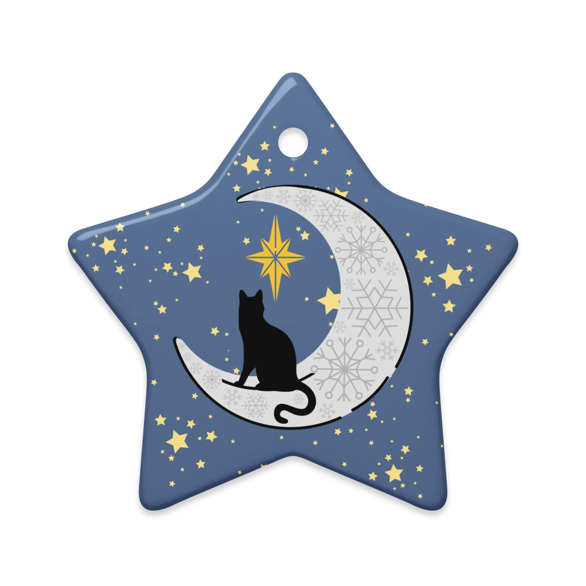 Black Cat, Moon, and Stars Double-Sided Ceramic Christmas Ornament