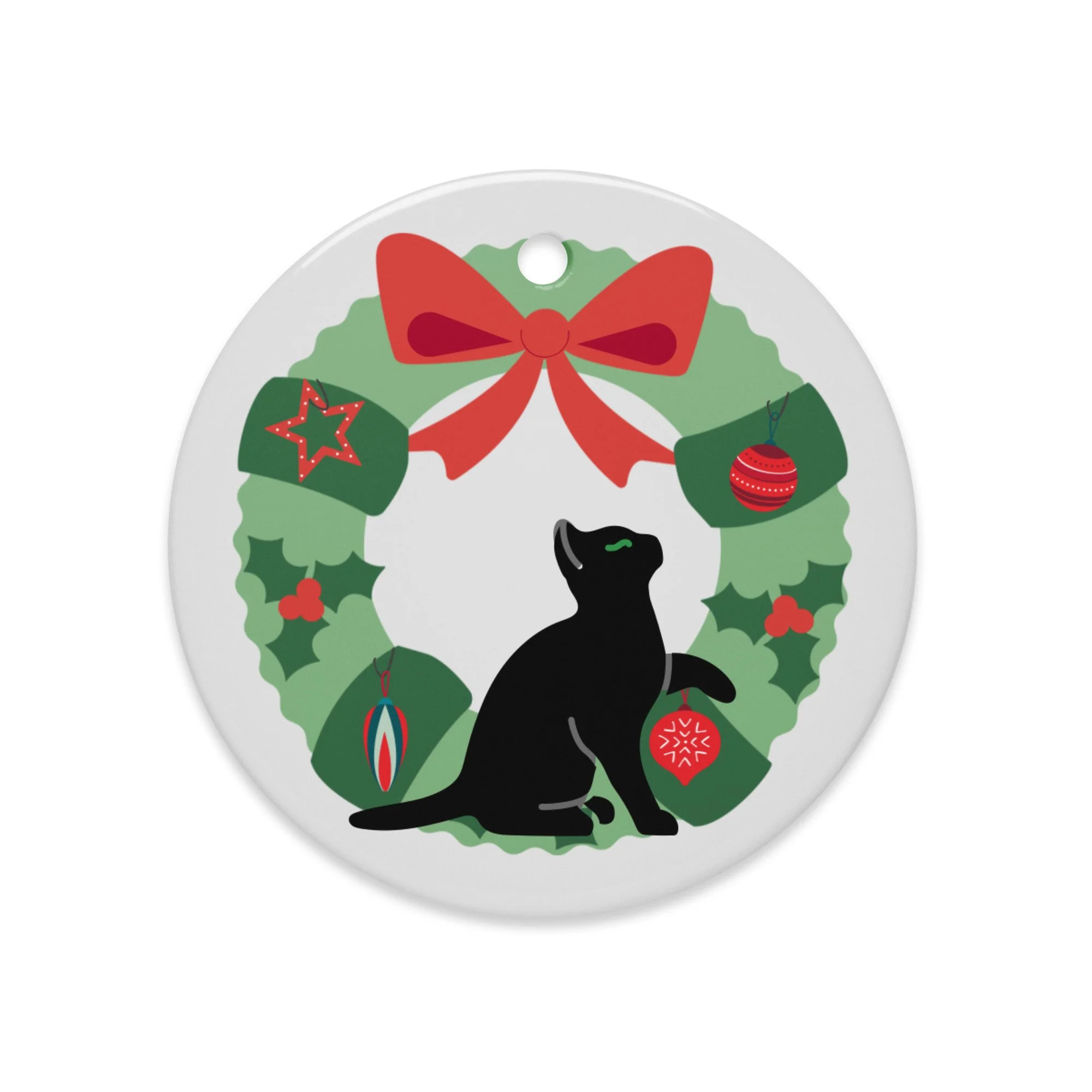 Black Cat and Wreath Double-Sided Ceramic Christmas Ornament