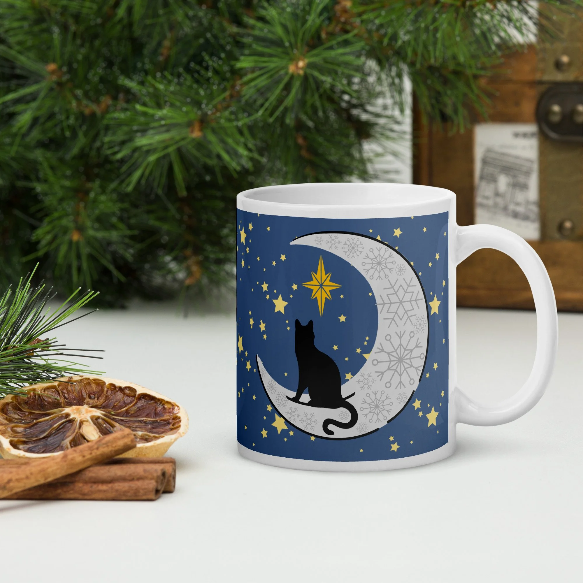 Black Cat, Moon, and Stars, Wish Upon a Star, White glossy mug