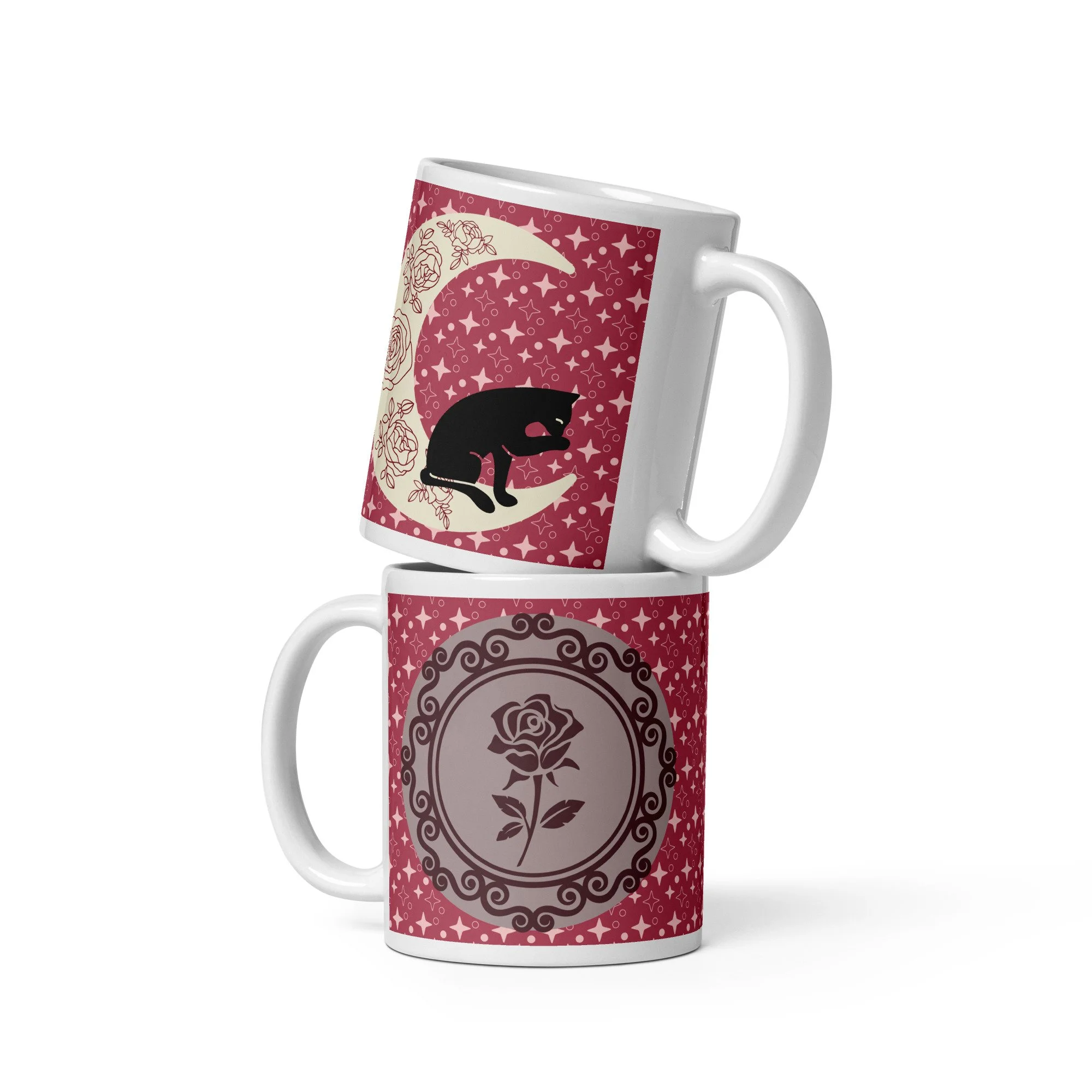 Black Cat and Moon, Summer - White Glossy Mug