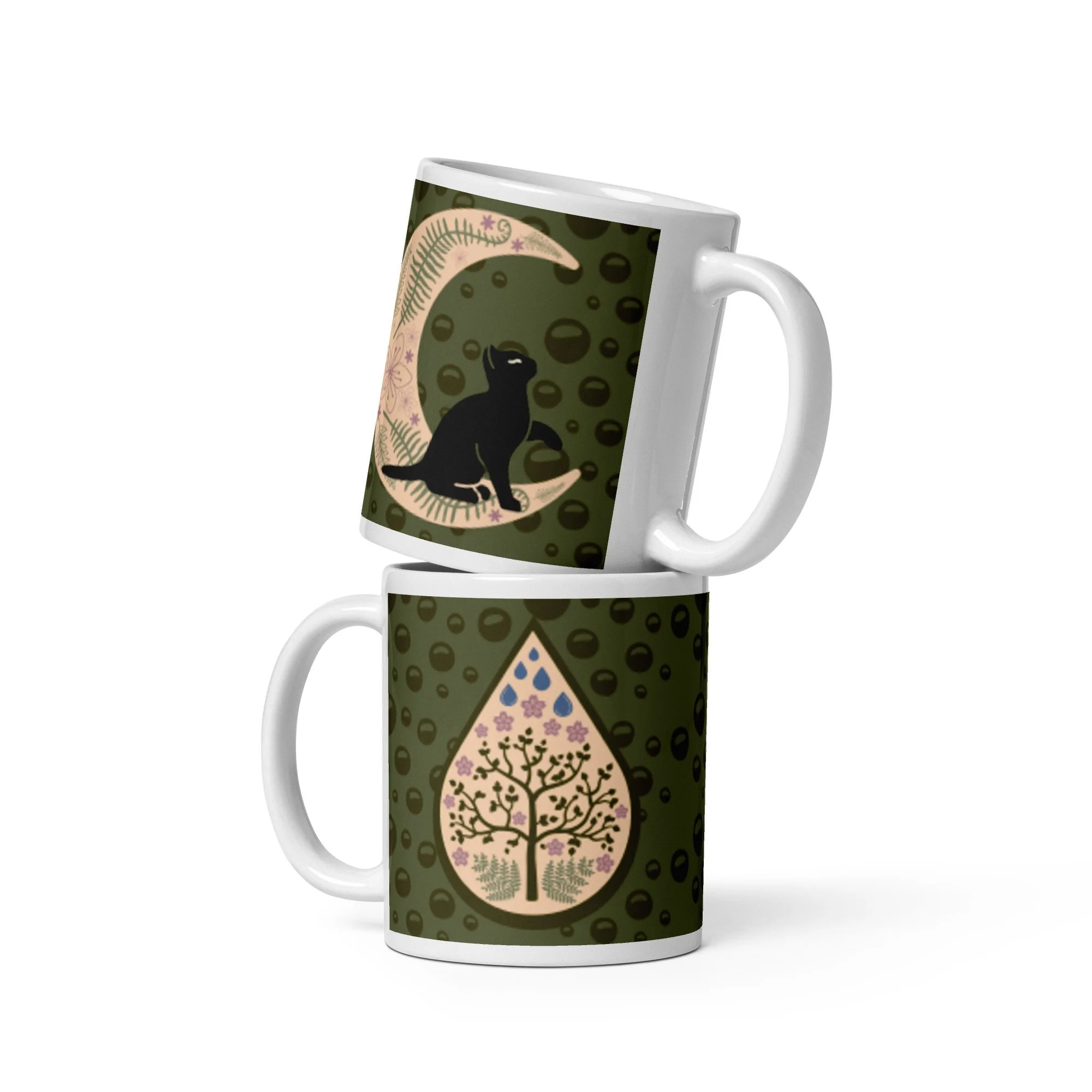 Black Cat and Moon, Spring - White Glossy Mug