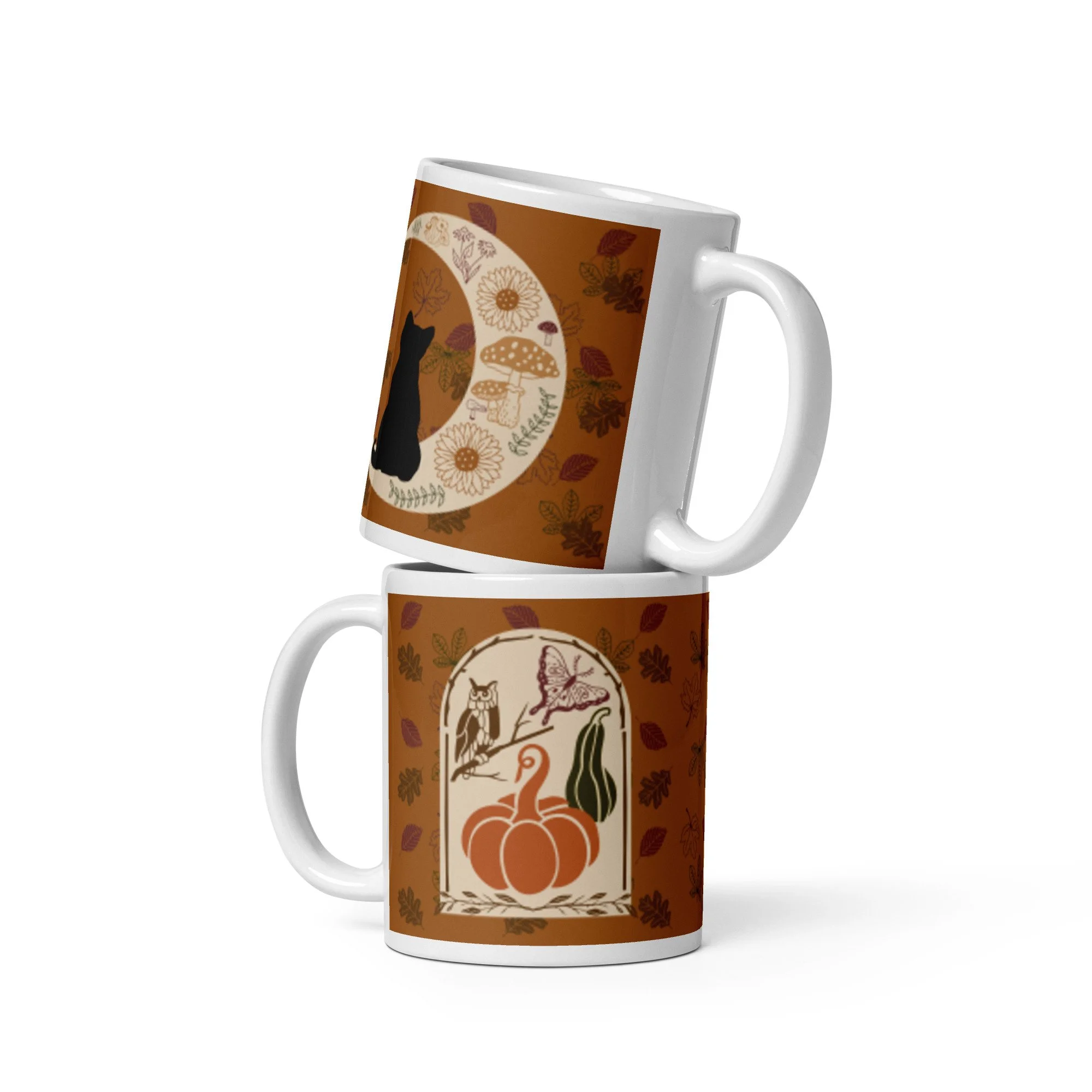 Black Cat and Moon, Autumn - White Glossy Mug