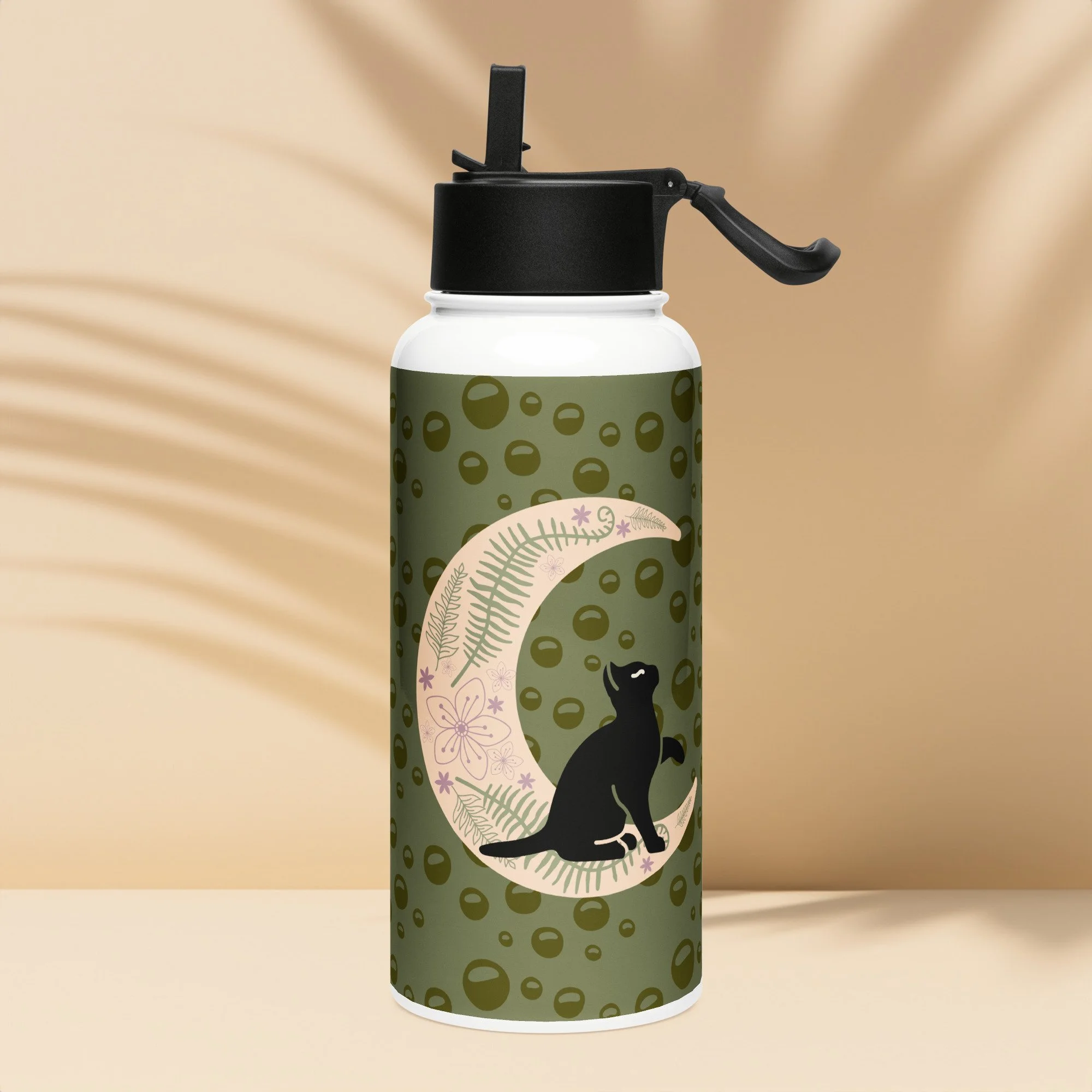 Vernal Moonbeams Spring Themed Black Cat and Moon - Stainless Steel Water Bottle with a Straw Lid