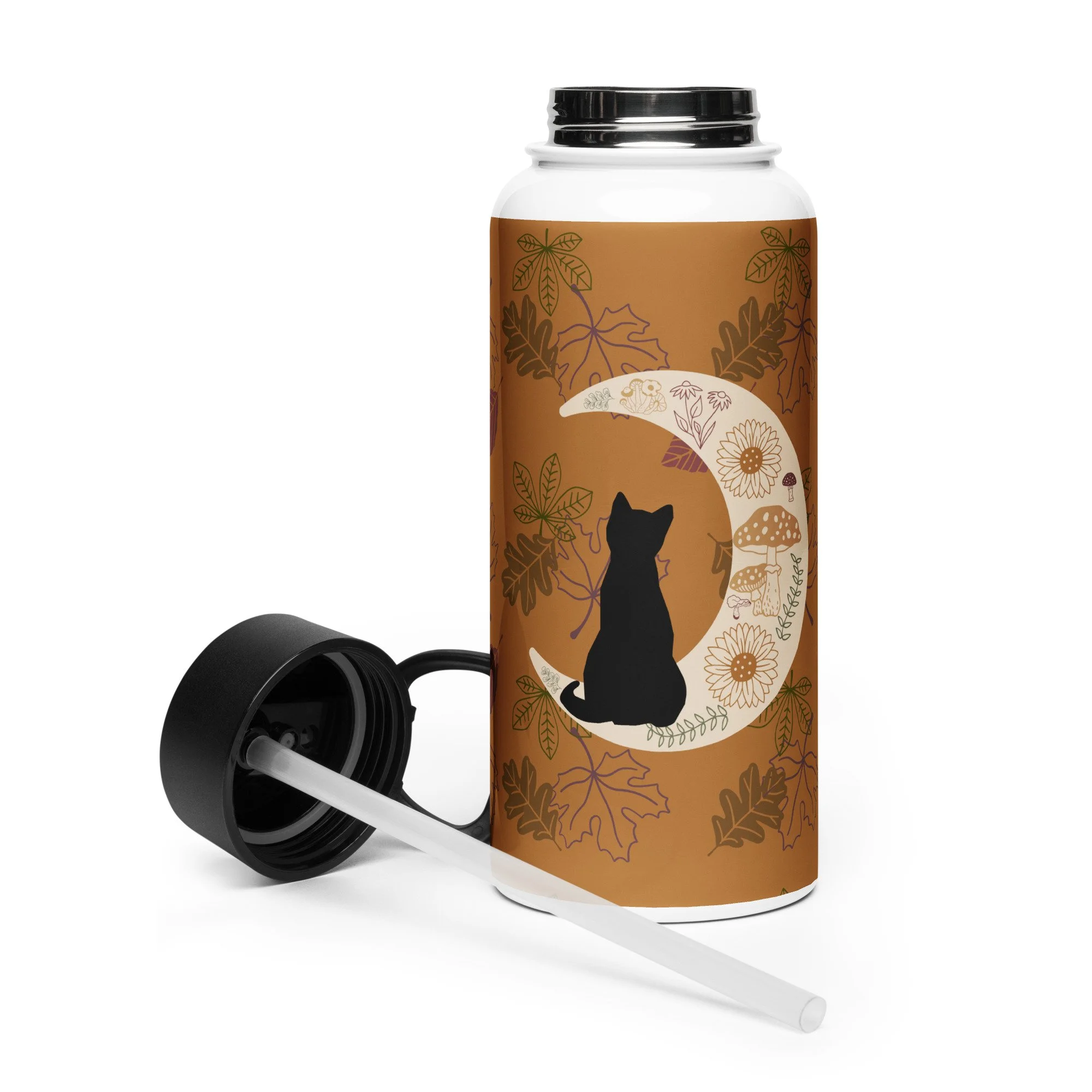 Autumn Harvest Themed Cat and Moon - Stainless Steel Water Bottle with a Straw Lid