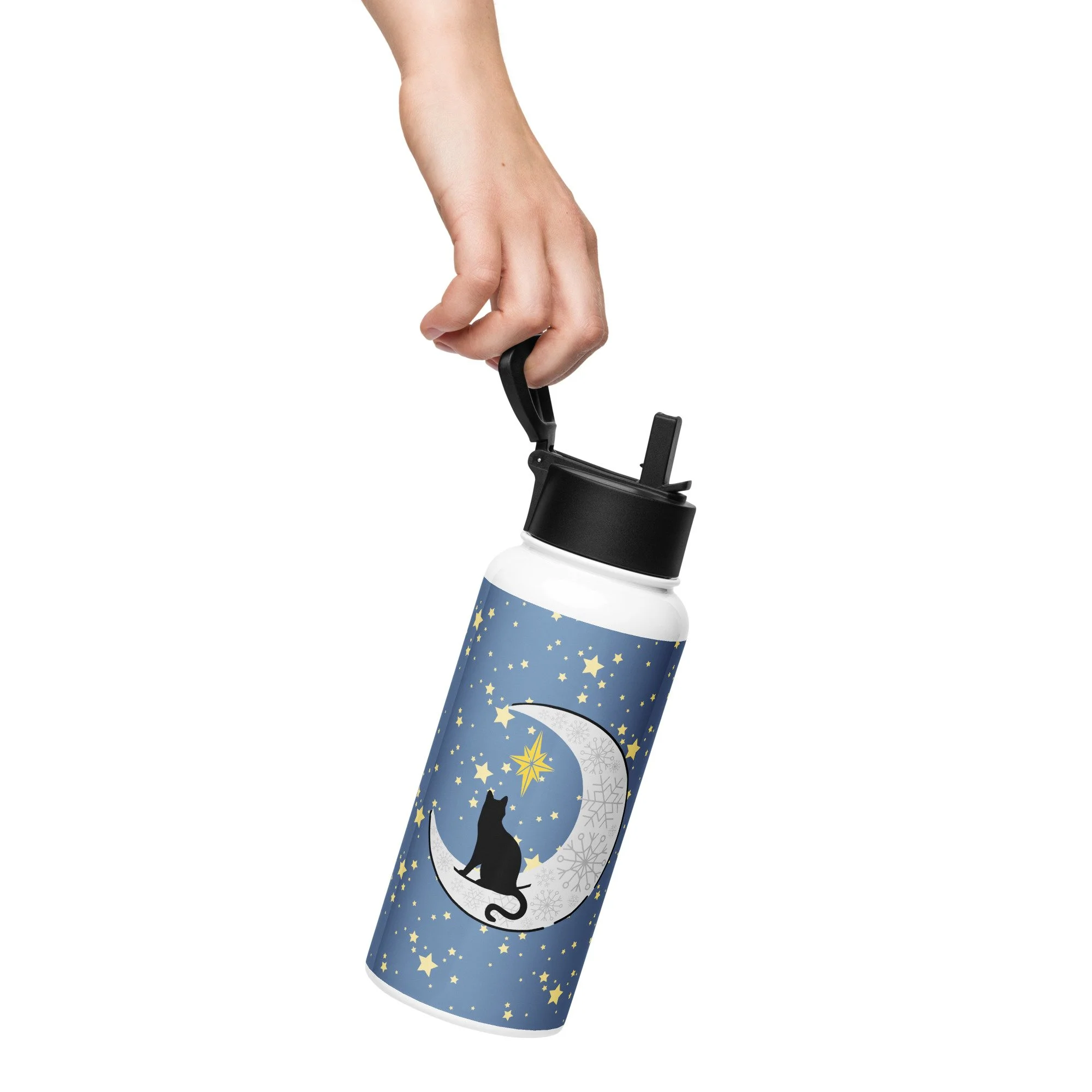 Winter Themed Black Cat and Silver Moon - Stainless Steel Water Bottle with a Straw Lid