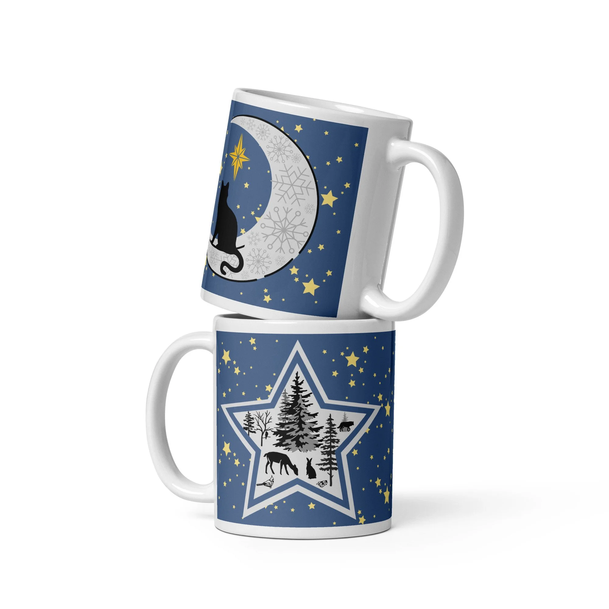 Black Cat, Moon, and Stars Winter Season - White Glossy Mug