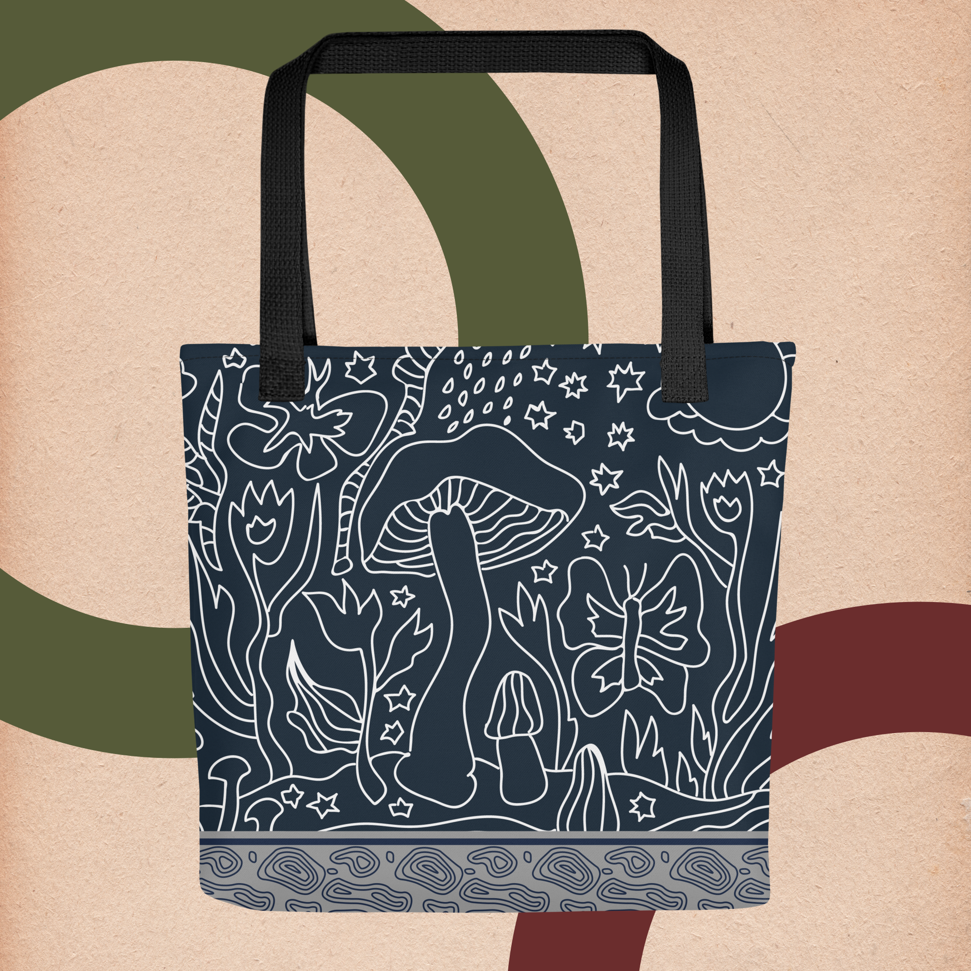 Line Drawn Toadstools and Flowers Dreamscape on Dark Blue - Tote Bag