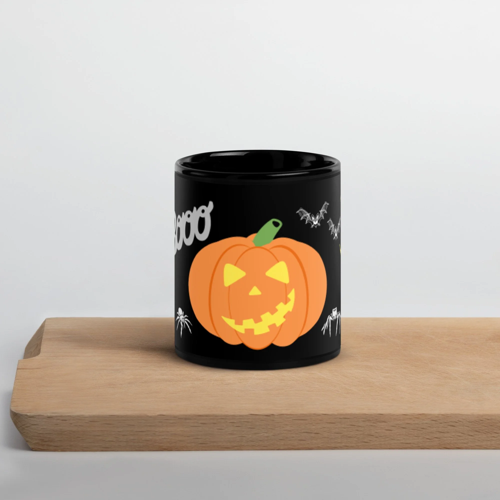 Grinning Jack-o-Lantern and Ghost - Black Glossy Ceramic Mug