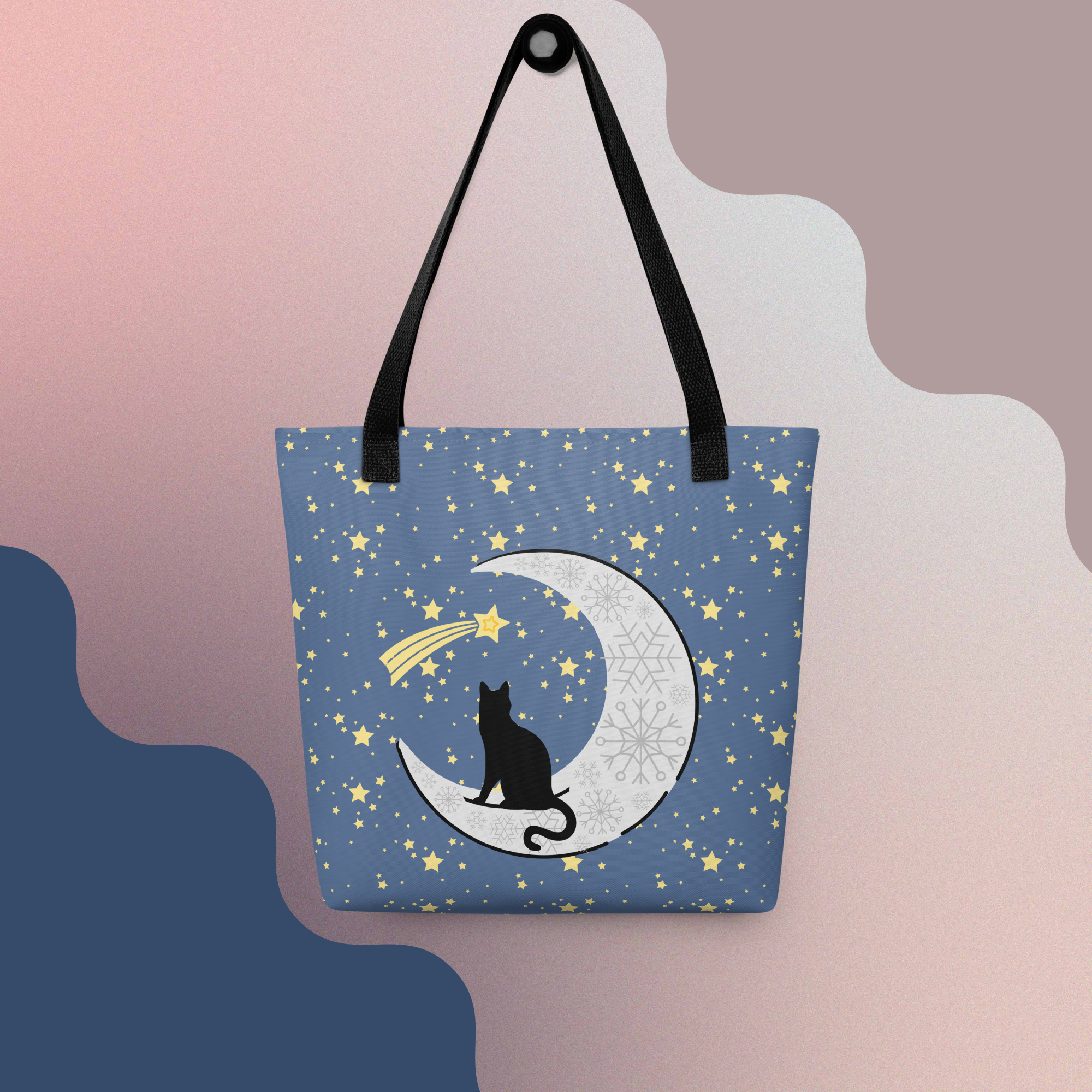 Winter Themed Stargazing Black Cat and Silver Crescent Moon - Tote Bag