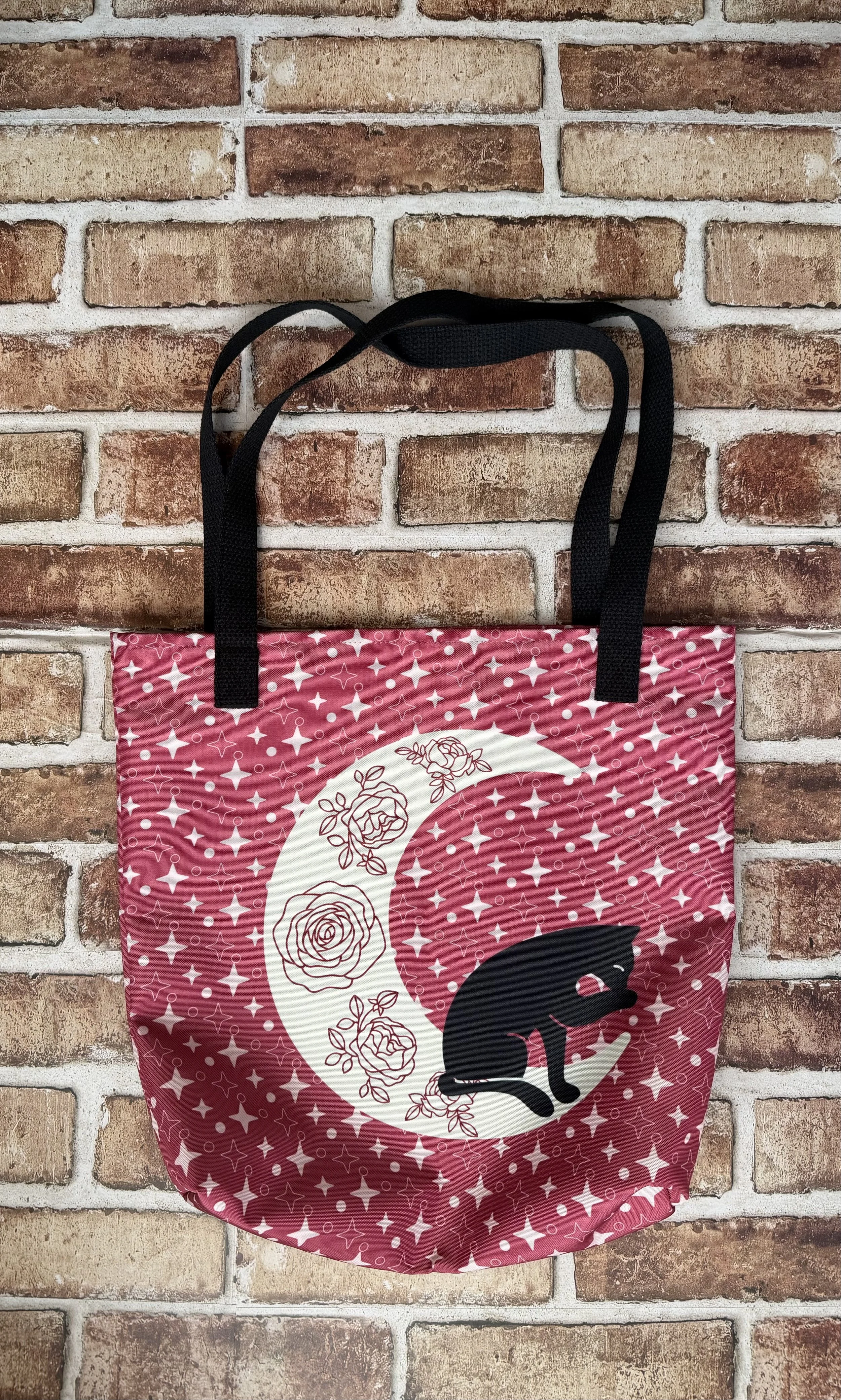 The Crimson Rose Summer Themed Black Cat and Moon - Tote Bag