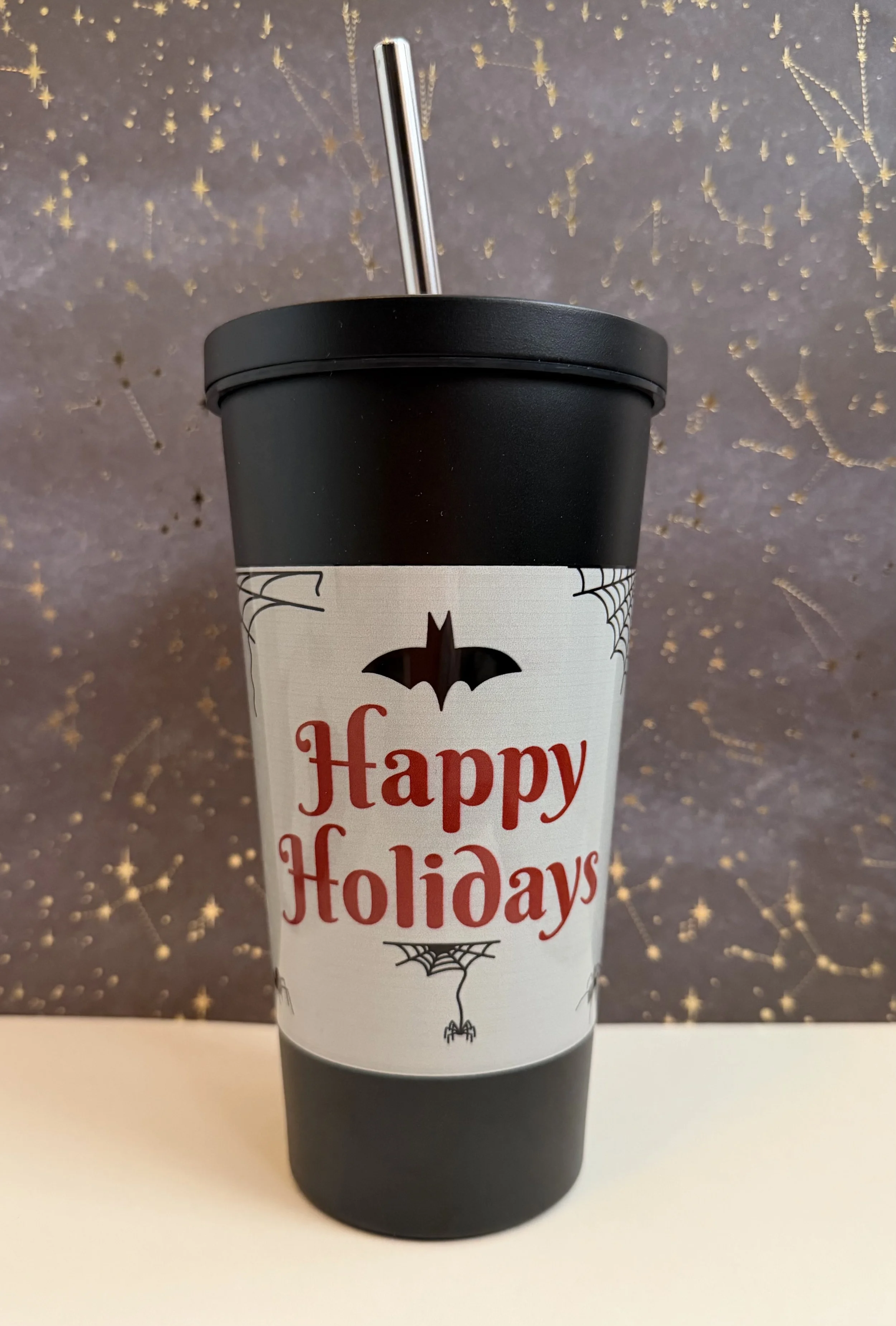 Merry Creepmas Happy Holidays side on black tumbler with straw.jpeg
