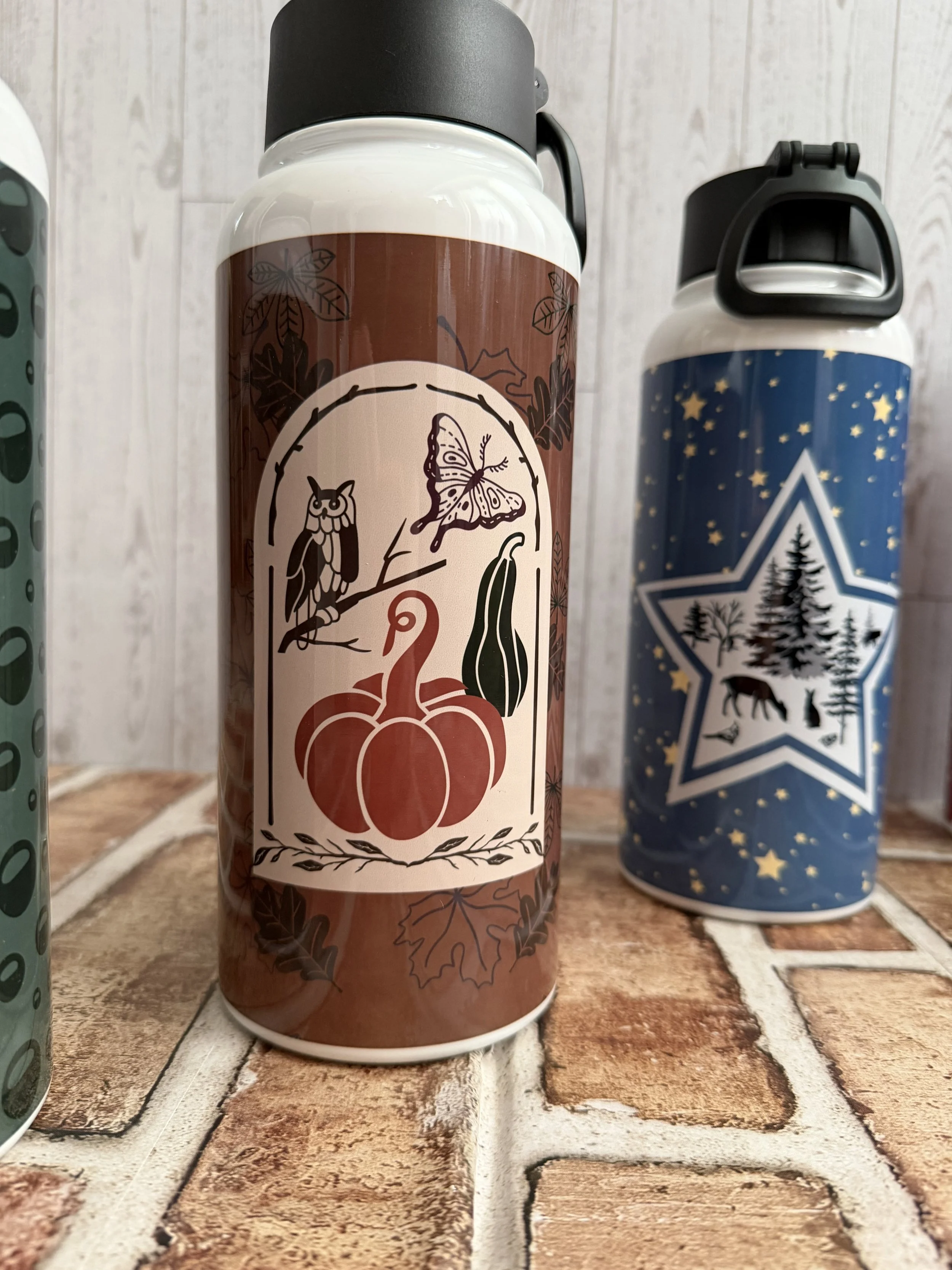 Rustic framed owl moth pumpkin gourd autumn theme water bottle.jpeg