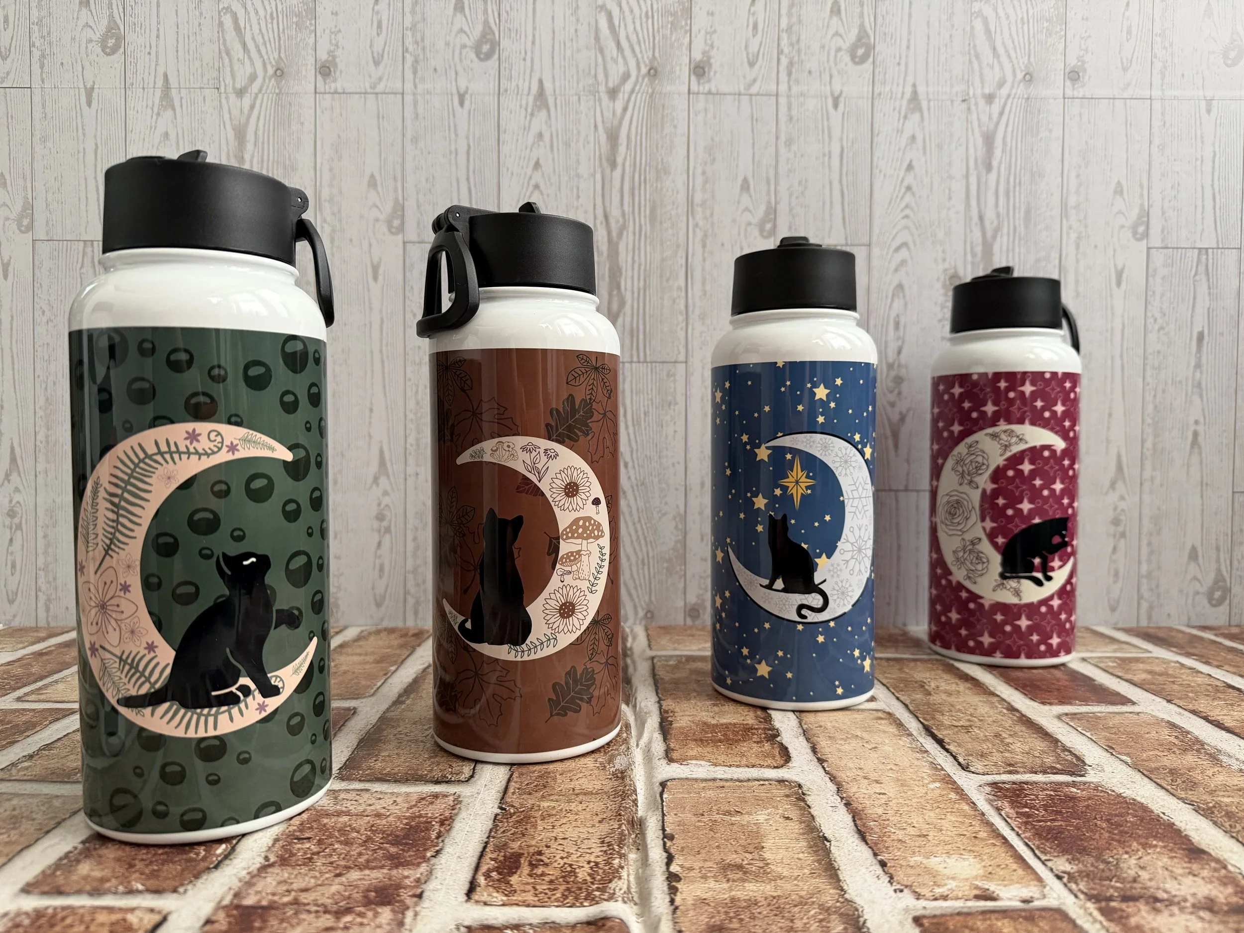 Black Cat and Crescent Moon Water Bottles front.jpeg