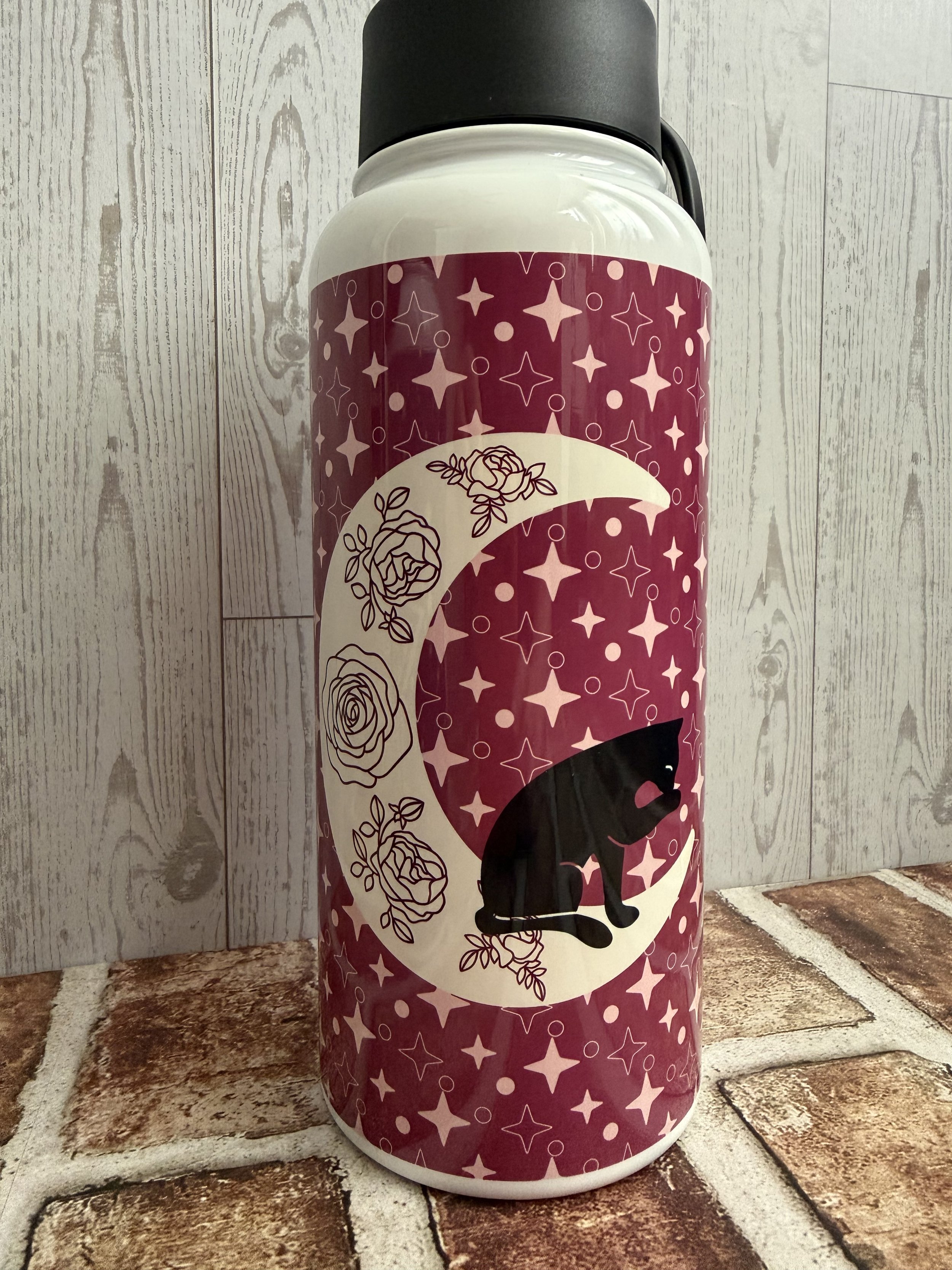 The Crimson Rose Summer Themed Black Cat and Moon - Stainless Steel Water Bottle with a Straw Lid