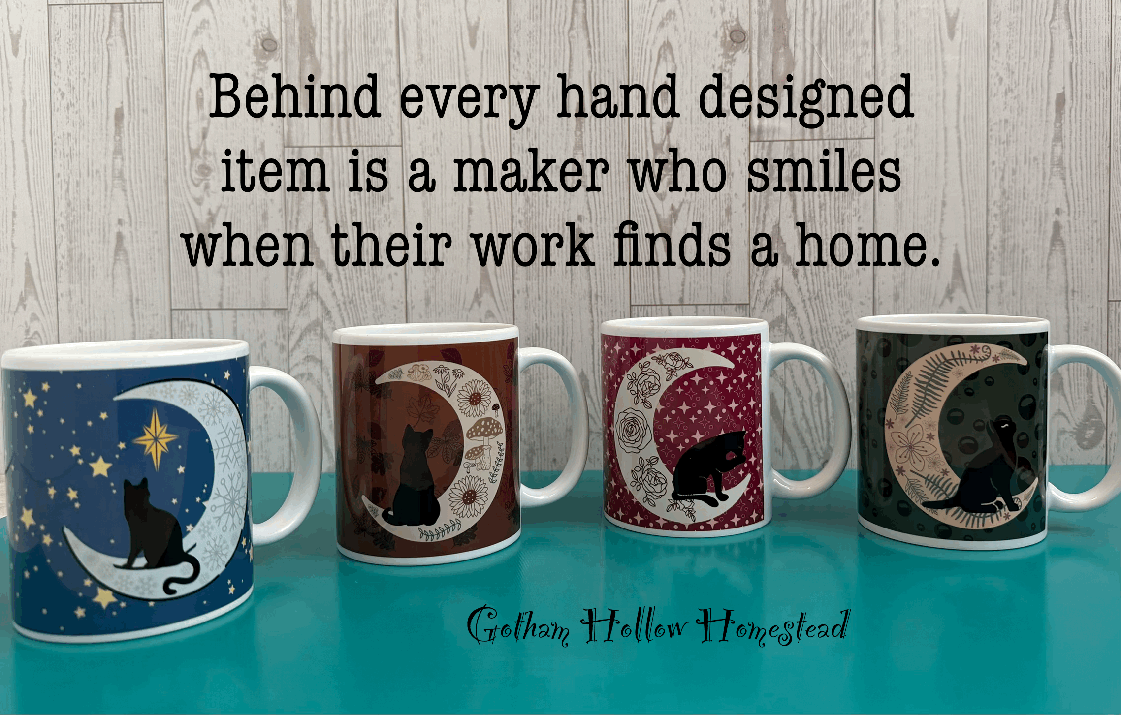 Four seasonally themed mugs featuring a different cat and crescent moon design for each season - fall, winter, summer, spring.gif