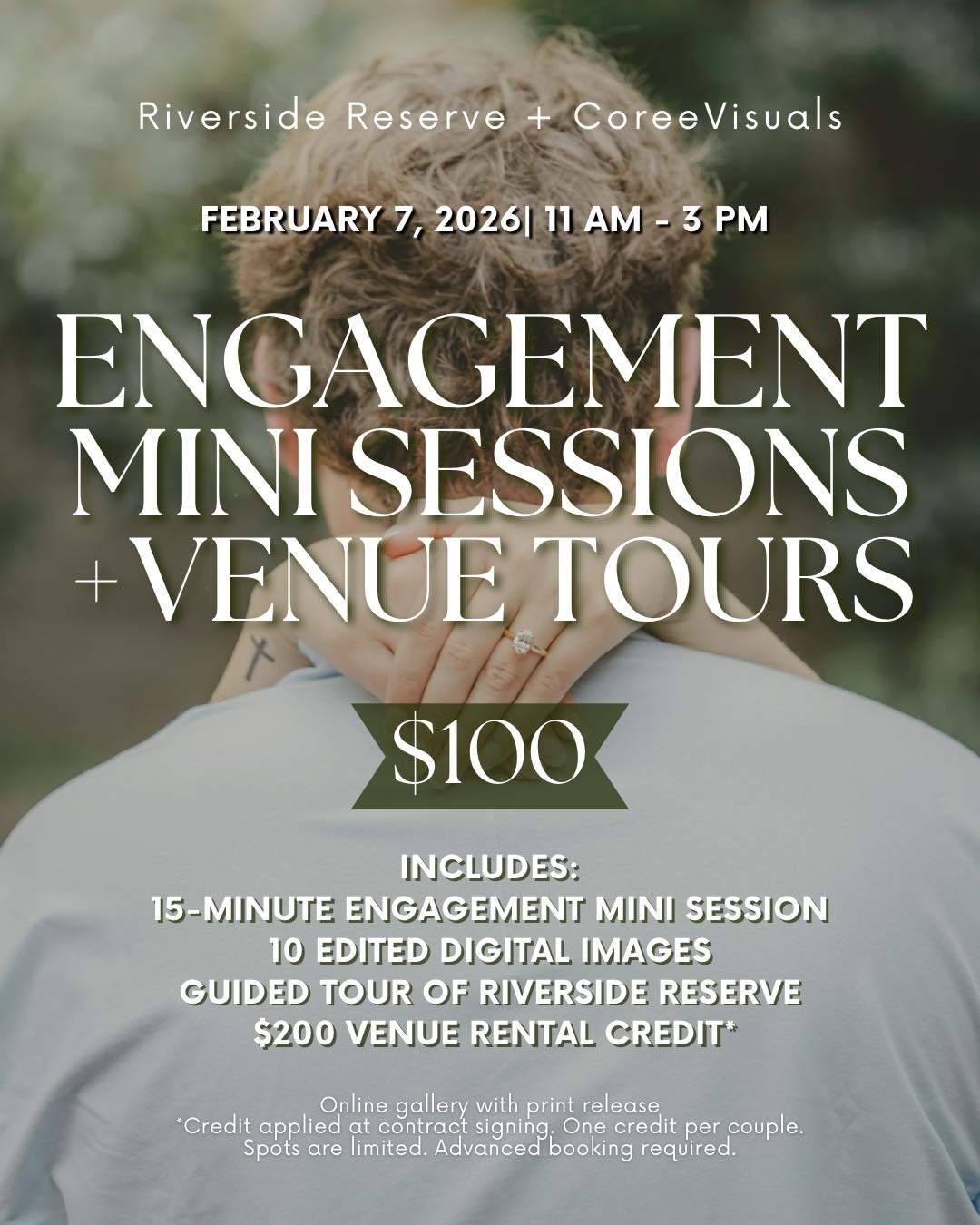 Engaged and dreaming of your wedding day? 🤍

Join us at Riverside Reserve for Engagement Mini Sessions + Venue Tours in partnership with @coreevisuals.

📅 February 7, 2026
⏰ 11:00 AM &ndash; 3:00 PM

✨ 15-minute engagement mini session
✨ 5&ndash;7 