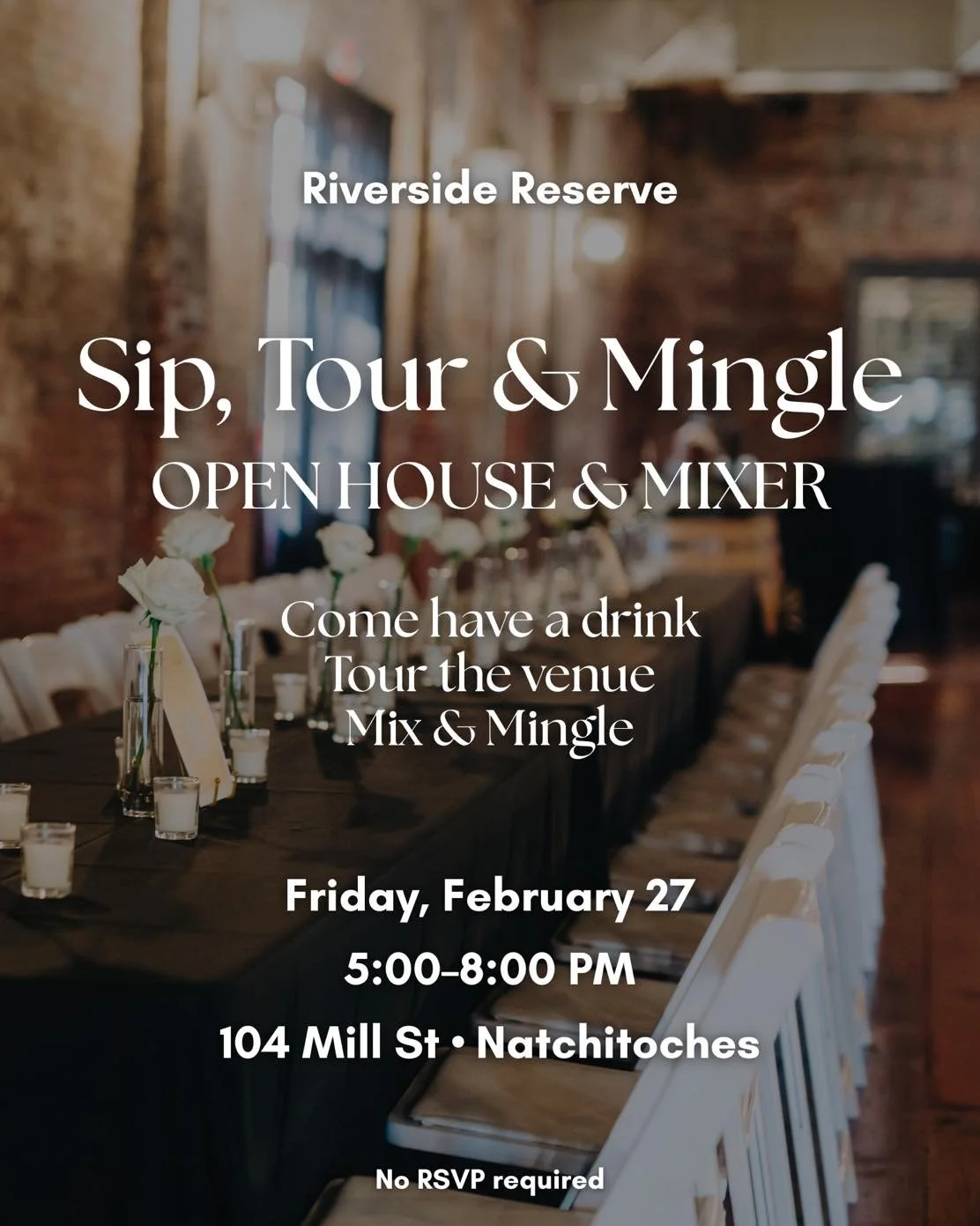 You&rsquo;re invited to Sip, Tour &amp; Mingle at Riverside Reserve ✨

Come have a drink, tour the venue, and mix &amp; mingle. Our bar will be open with beverages available for purchase. Whether you&rsquo;re newly engaged, planning an event, or simp
