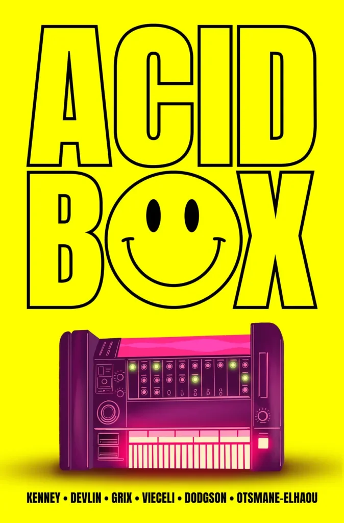 ACID BOX by Sara Kenney, Ria Grix, Emma Viecelli, and James Devlin. Project manager and editor for this comic published by Avery Hill.