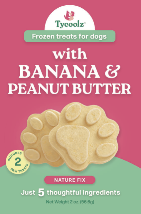 Pink and green packaging for Tycooz frozen dog treats with banana and peanut butter flavor, showing paw-shaped treats and a label indicating includes two paw treats and contains five ingredients.