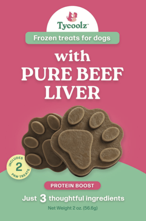 Packaging of Tycozl frozen dog treats with pure beef liver, showing paw-shaped treats and a label indicating two treats included and three ingredients.
