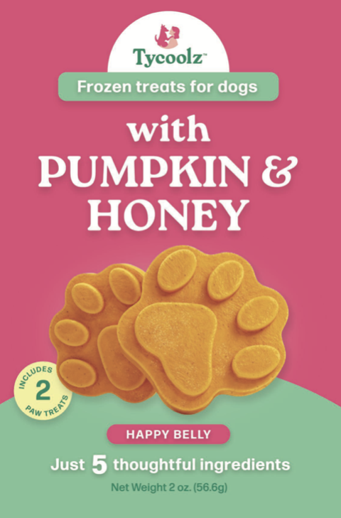 Packaging of Tycooz frozen dog treats with pumpkin and honey, including two paw-shaped treats, labeled for dogs with a pink and green background.