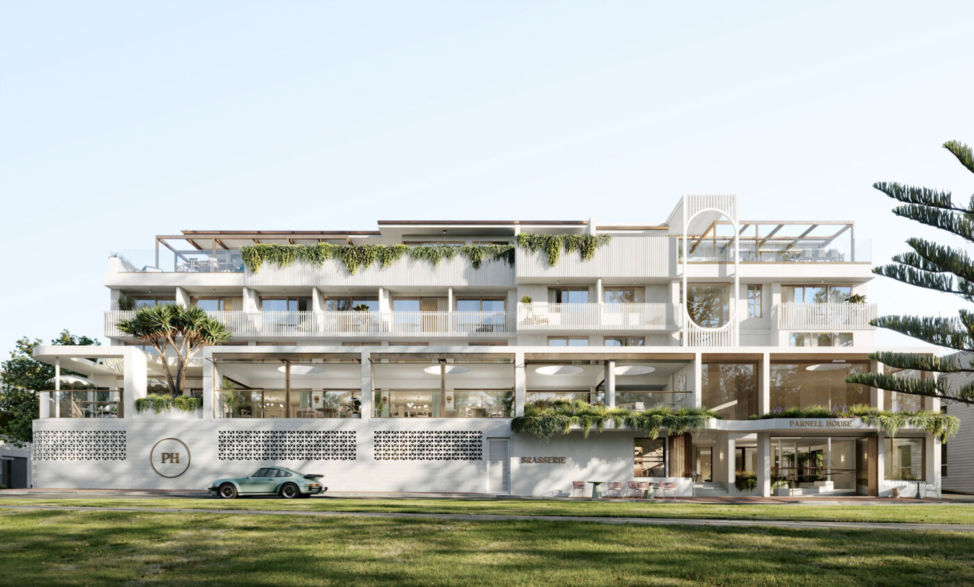 Modern multi-story building with balconies, greenery, large windows, and a cafe on the ground floor, labeled Parnell House, with a parked car in front and a well-maintained lawn.