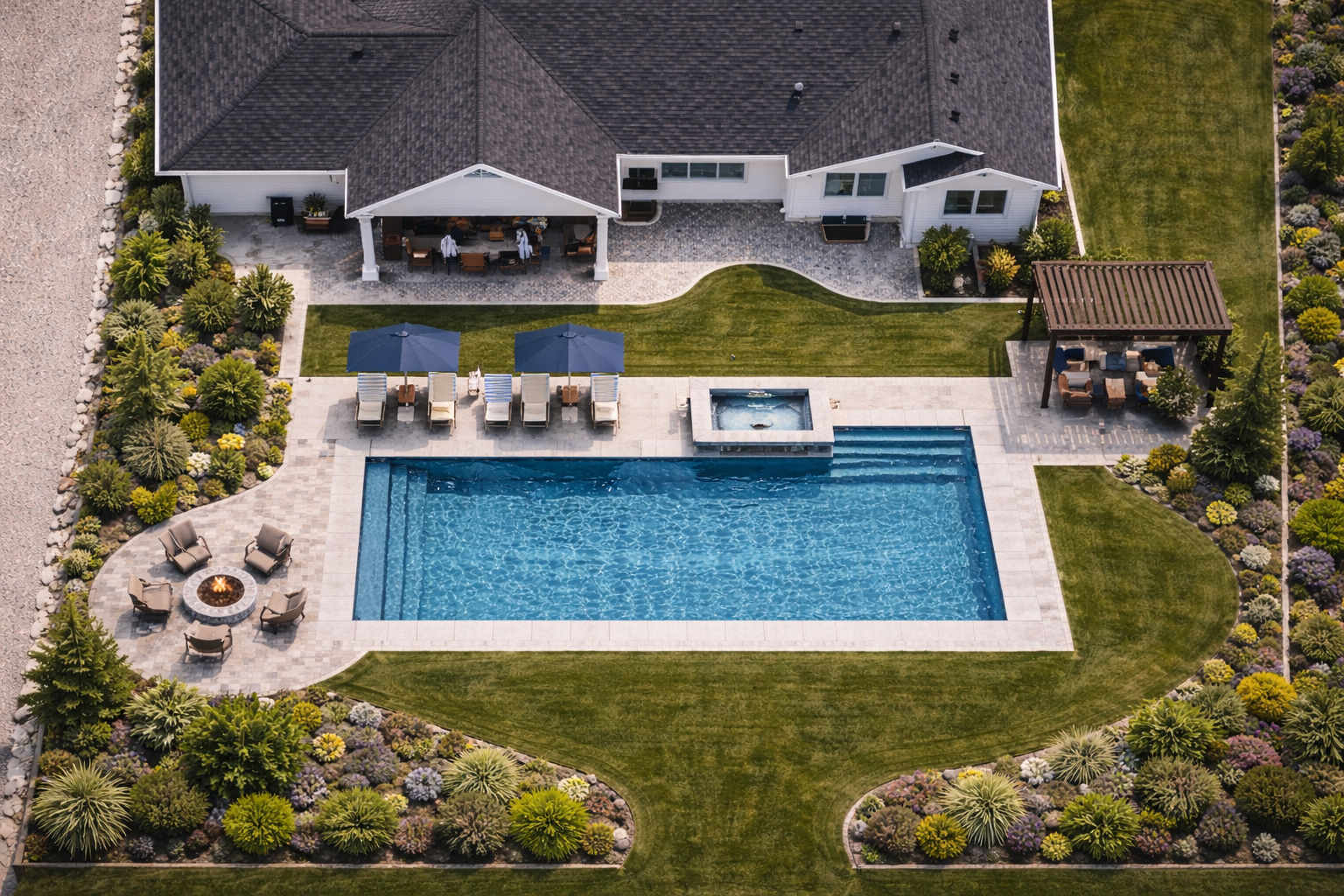 Aerial view of a backyard with a swimming pool, patio furniture, a hot tub, a grassy area, and surrounding landscaping.