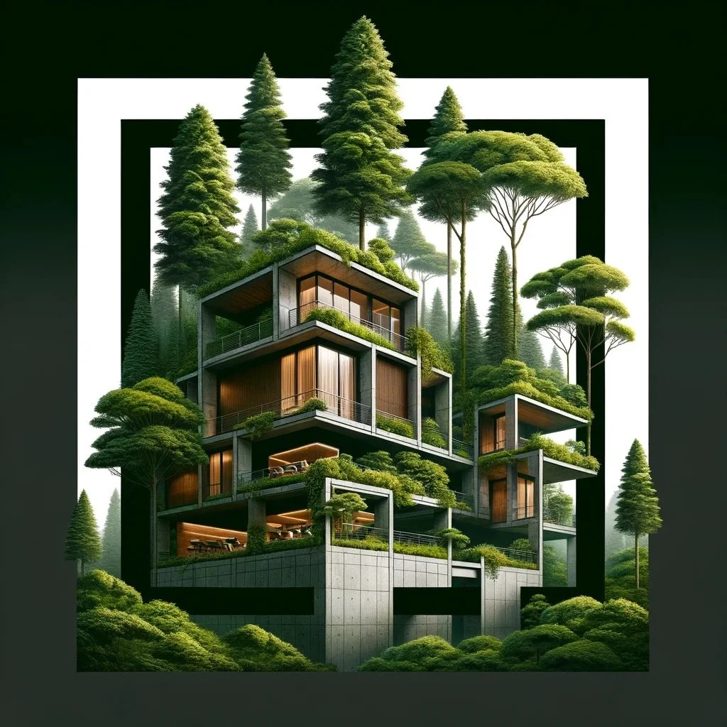 A modern multi-story house integrated into a lush green forest, with trees surrounding and growing around each level of the house.
