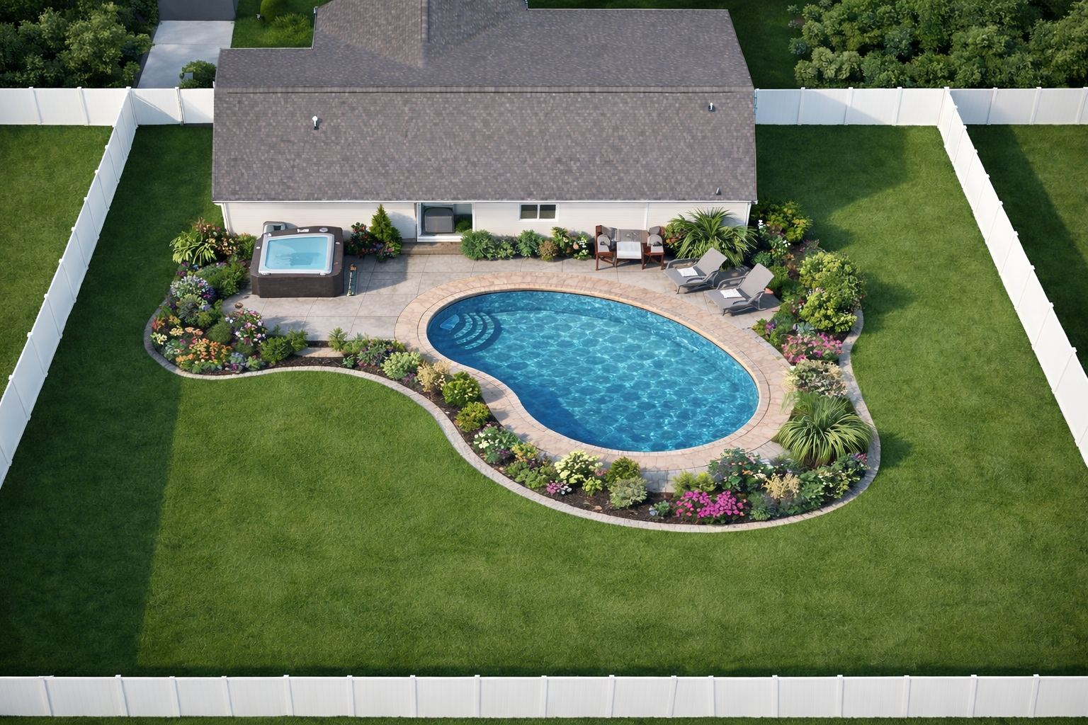 A backyard with a kidney-shaped swimming pool surrounded by green lawn, colorful flower beds, and outdoor furniture, enclosed by a white fence.