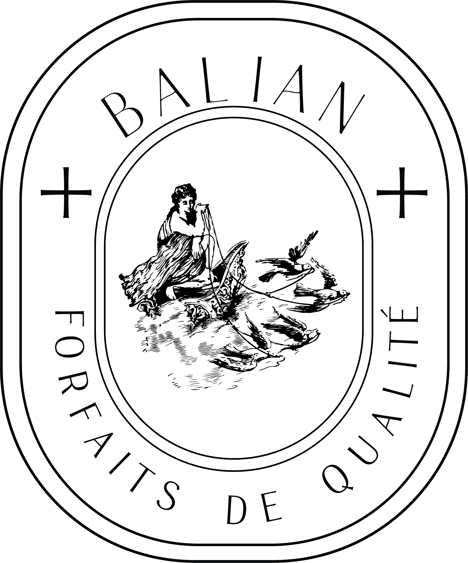 Black label with the text "BALTIC" at the top and "FORFAITS DE QUALITÉ" at the bottom, with plus signs on each side.