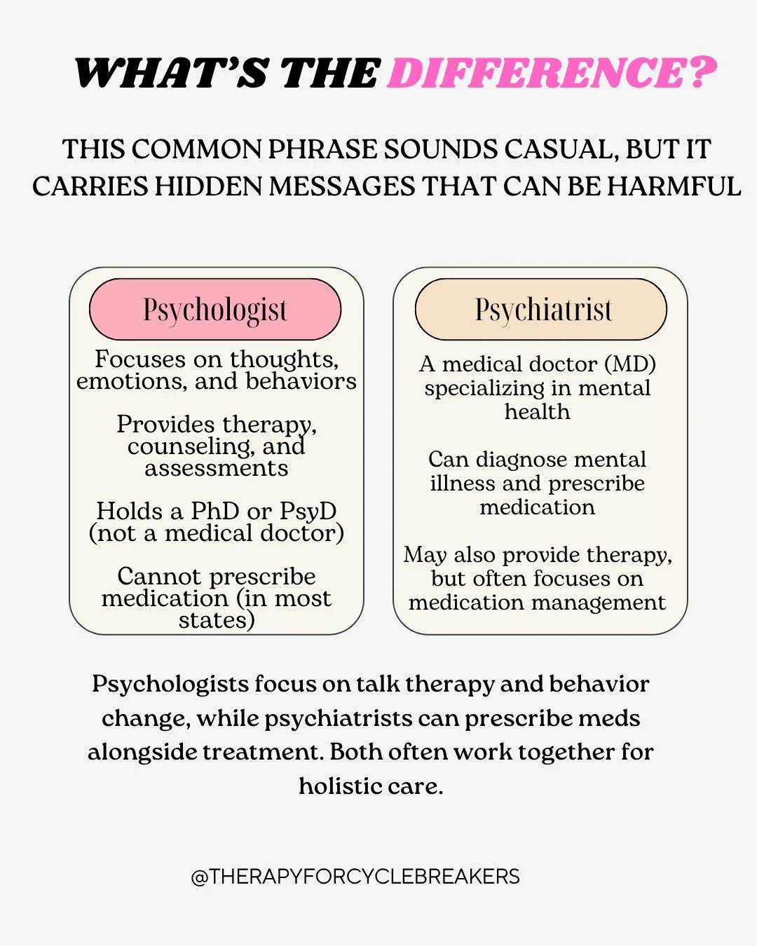 💭 Psychiatrist vs. Psychologist: What’s the Difference? 💭
It’s a question a lot of people have — and it’s an important one to understand if you’re thinking about starting therapy or mental health treatment. 👇
🧠