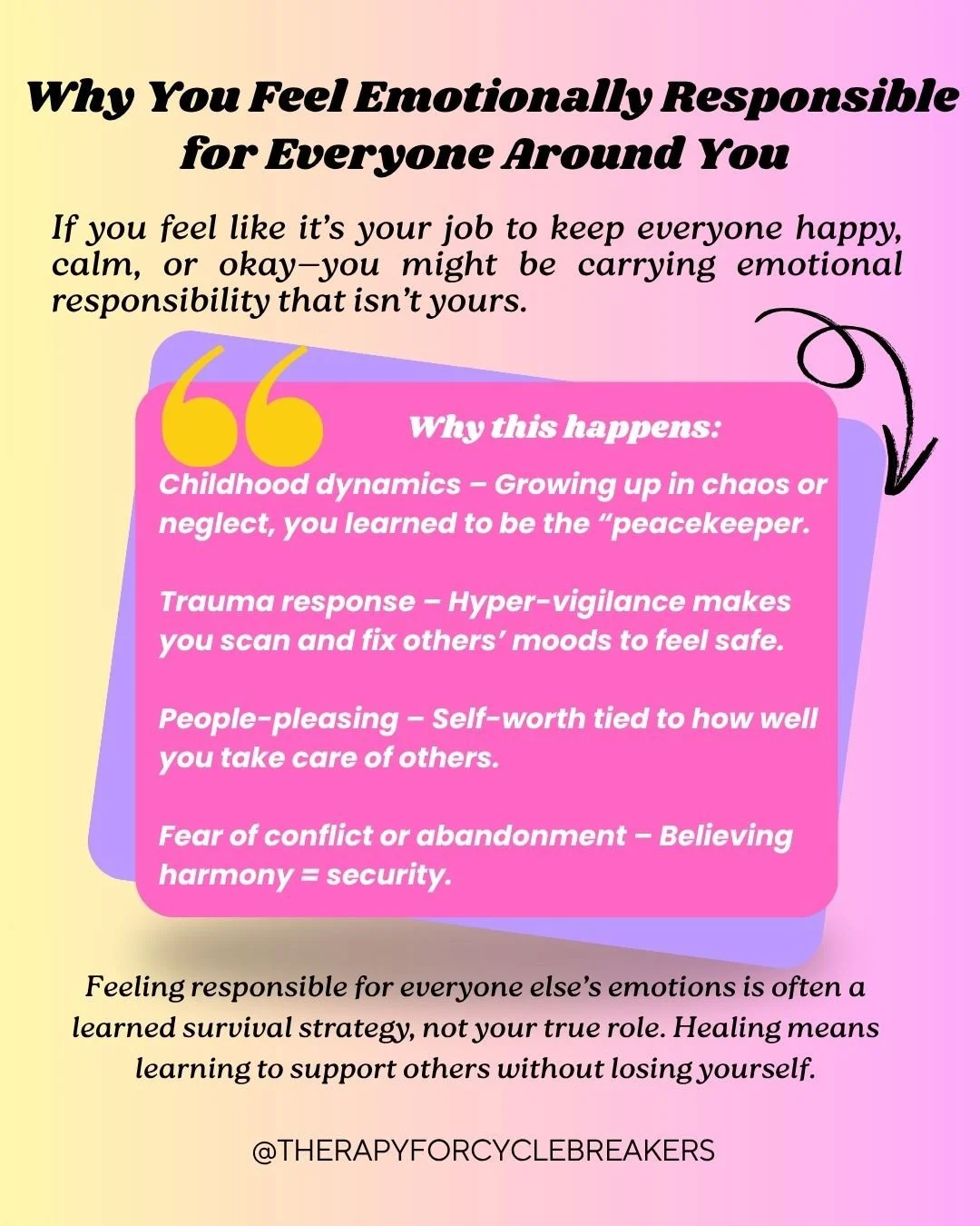 💭 If you feel like it’s your job to keep everyone happy, calm, or okay…
You might be carrying emotional responsibility that isn’t yours to hold.
Somewhere along the way, you learned that peace depended on you. That if you ju