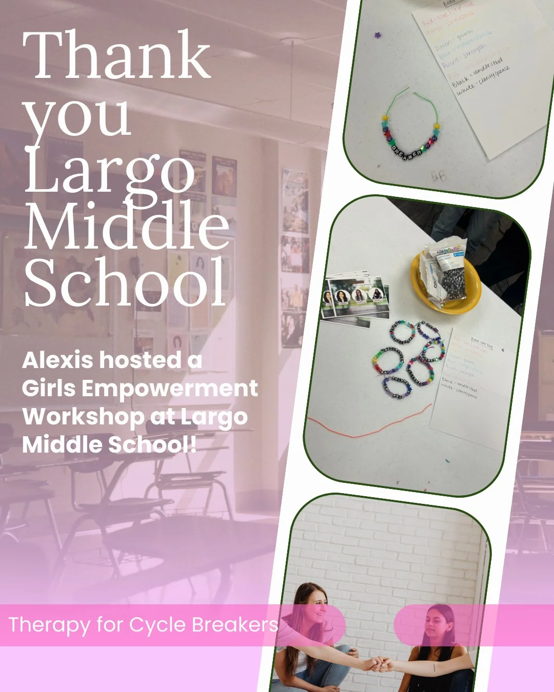 ✨ Big News! ✨⁠
⁠
Alexis Hiegel hosted our very first workshop at Largo Middle School for their Girls Empowerment Club &mdash; and it was incredible! 💛⁠
⁠
The girls created their own empowerment bracelets, each bead representing something they needed