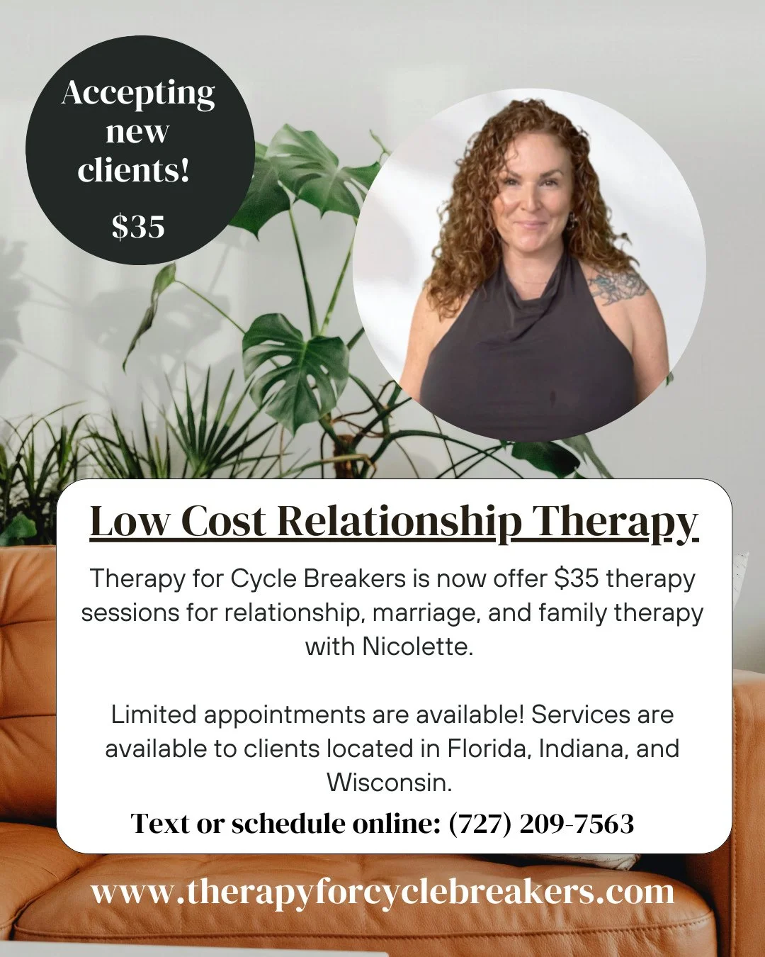 We&rsquo;re excited to now offer $35 therapy sessions for relationship, marriage, and family therapy with Nicolette. Available in Florida, Indiana and Wisconsin. ⁠
⁠
*Limited spots open. Only the first 5 people who schedule in March will receive the 