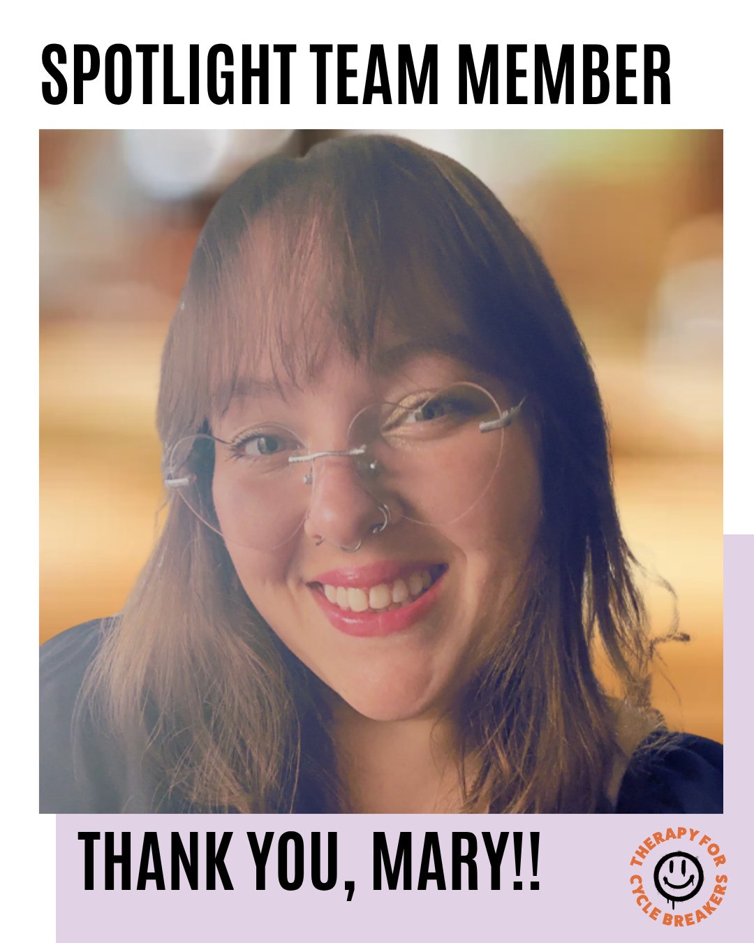 🚨 Team Spotlight 🚨⁠
⁠
The Therapy for Cycle Breakers team wants to give a HUGE shoutout to Mary &mdash; our clinical admin and honestly the person keeping all of us functioning over here 😂🖤⁠
⁠
Many of you have probably emailed, texted, scheduled 