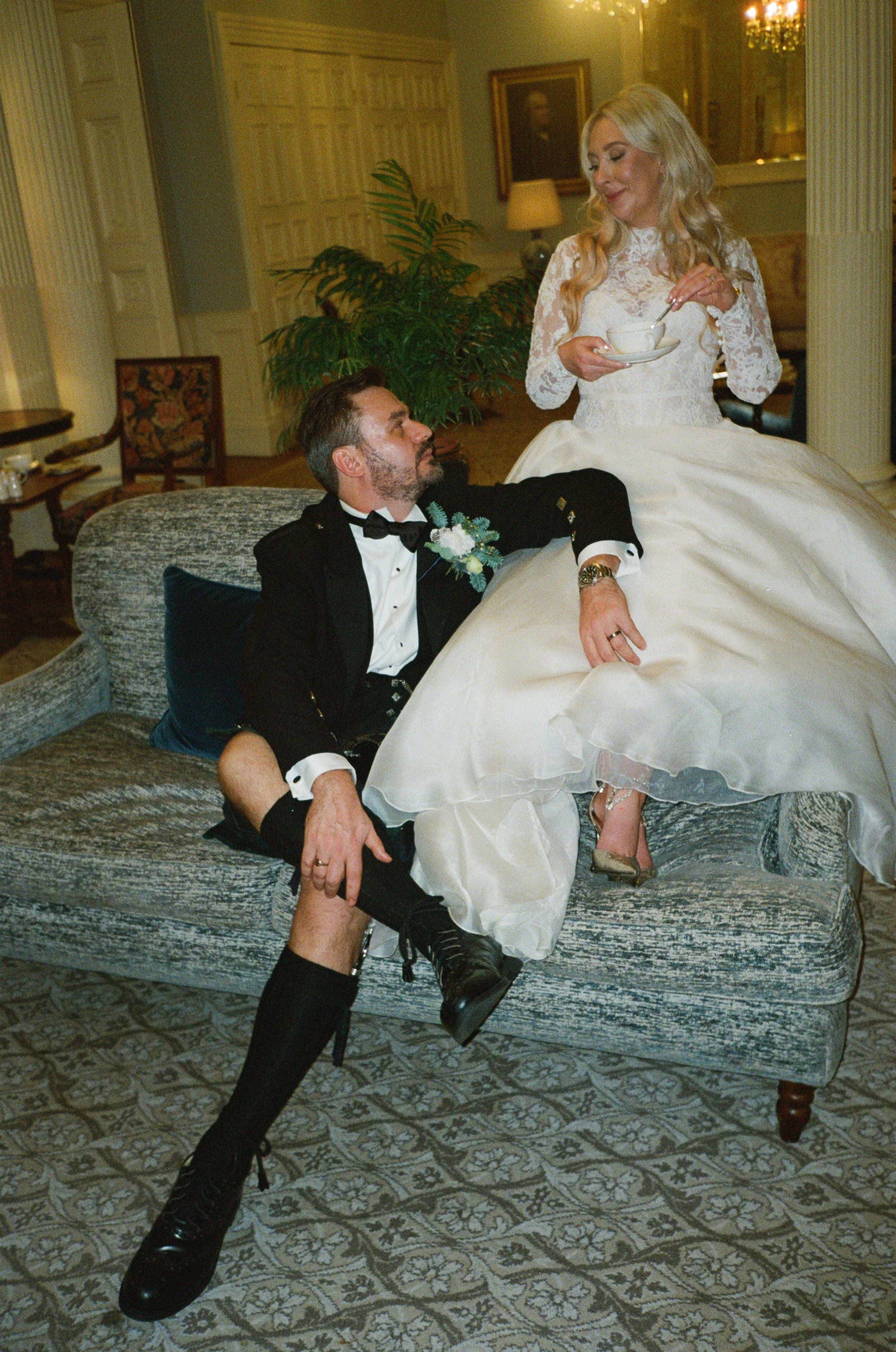 The couple in editorial pose at Crossbasket castle
