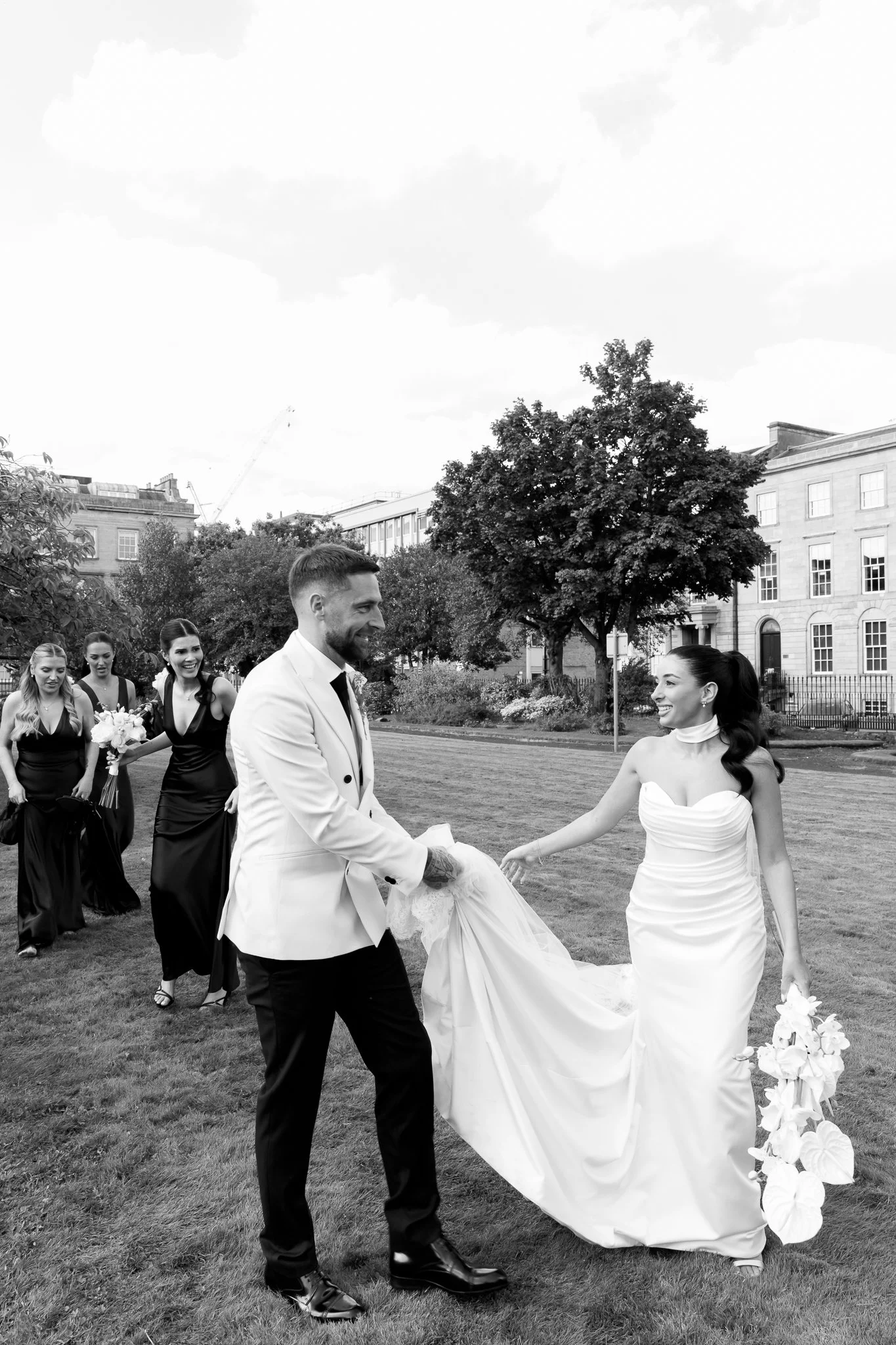 Candid photo of the bride and groom walking