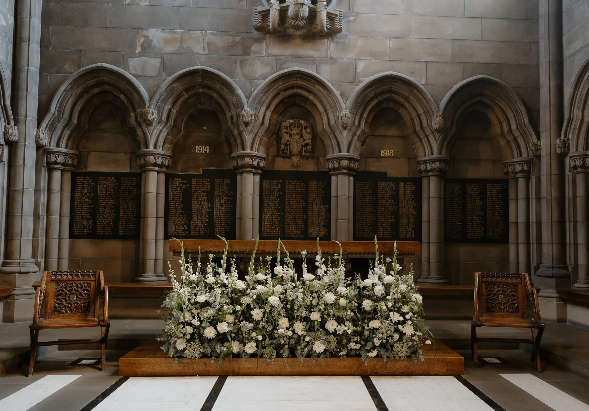 The flower installation at Glasgow university chapel wedding ceremony